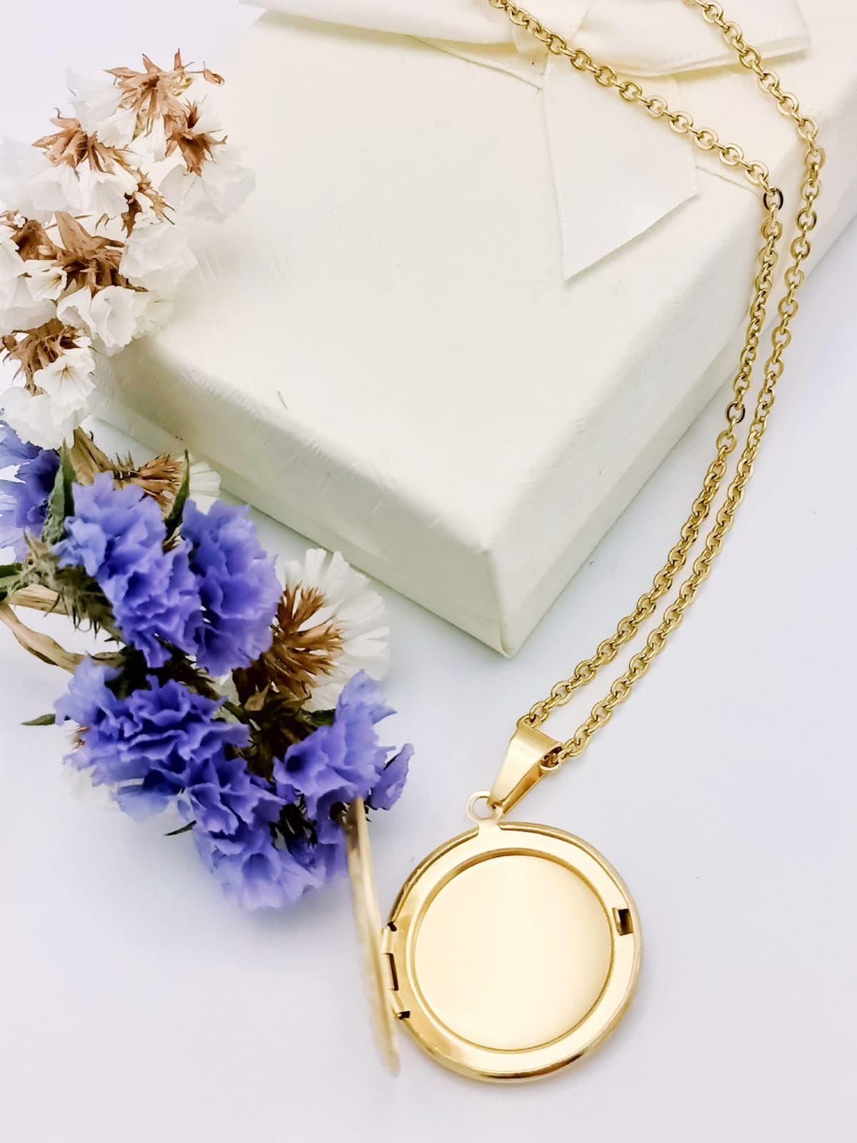 Colgante con dije Vintage Relicario Circular relieve flores chapado en oro 18kl-7