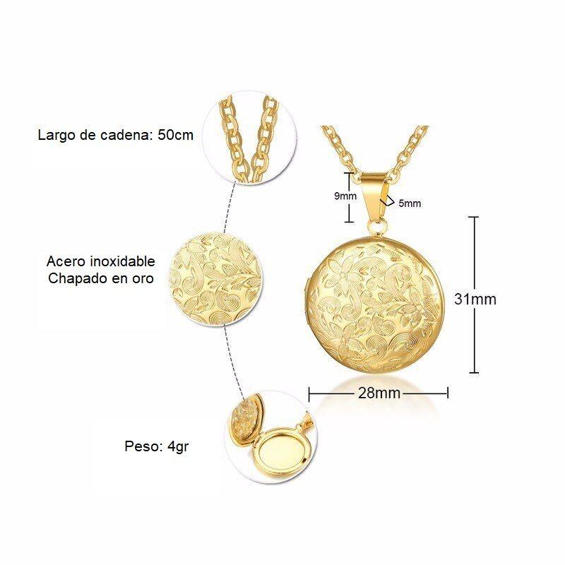 Colgante con dije Vintage Relicario Circular relieve flores chapado en oro 18kl-9