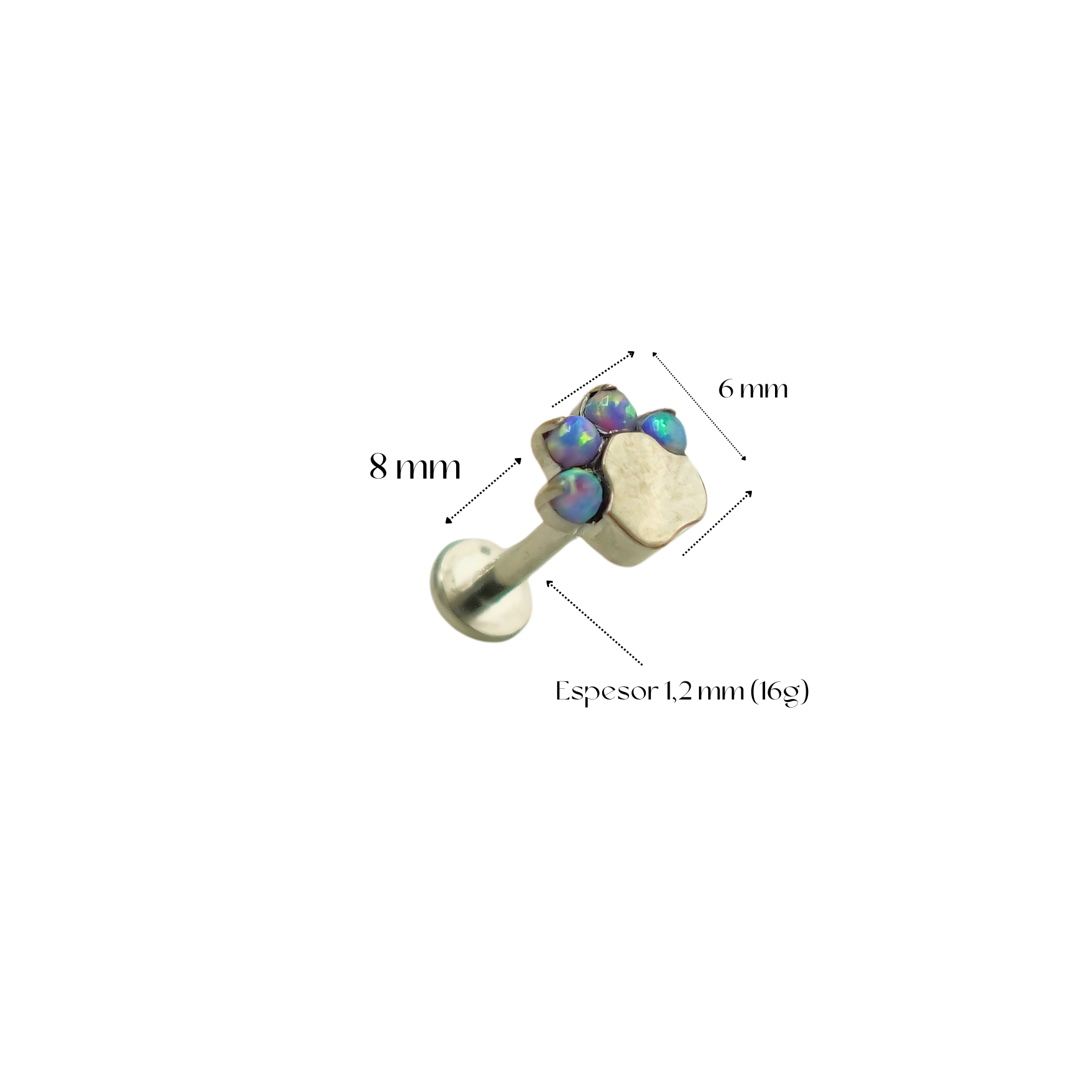 Piercing Labret 8mm Huella Perro Opalo Titanio Astm F136 G23-3