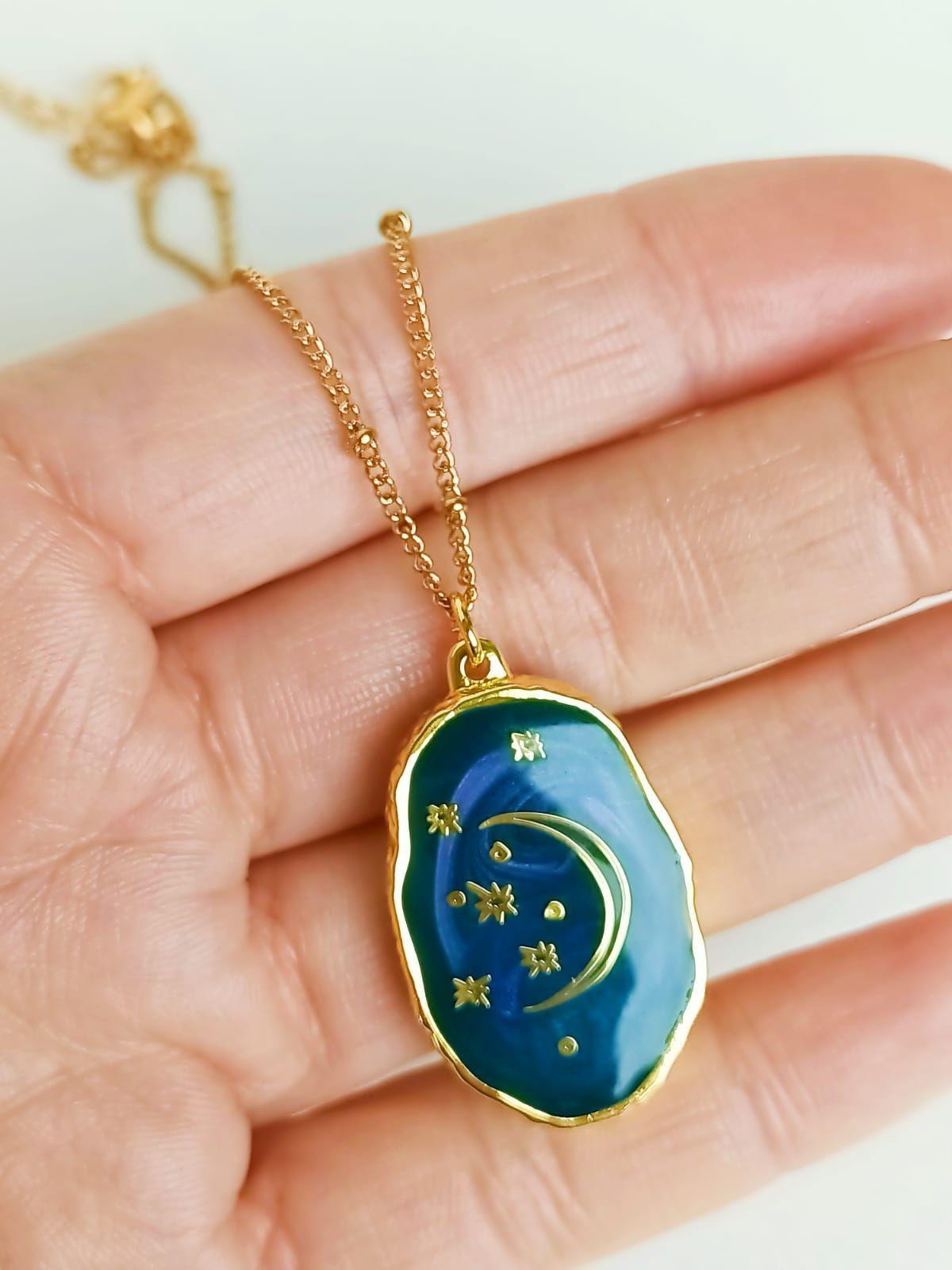 Colgante Luna Y Estrellas Resina Azul Chapado En Oro 18k-3