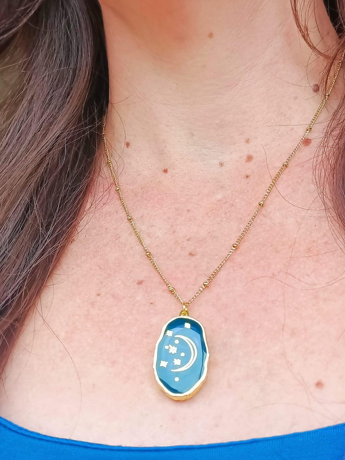 Colgante Luna Y Estrellas Resina Azul Chapado En Oro 18k-6