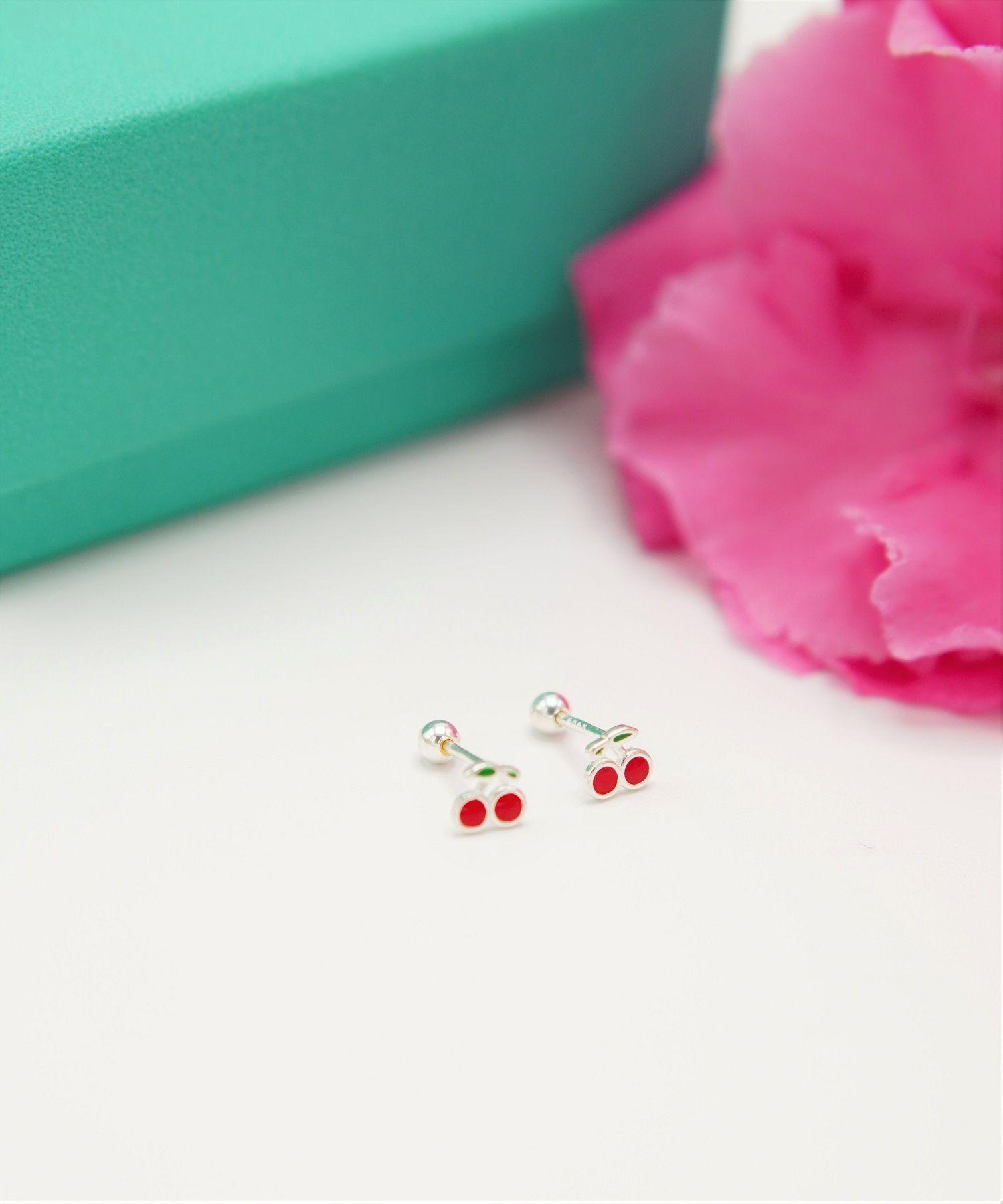 Aros cerezas tapa de seguridad piercing plata fina 925-3