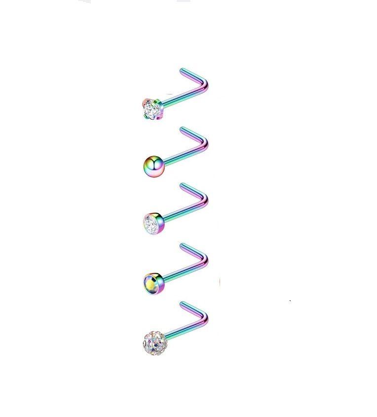 Set 5 Piercing multicolor Acero Quirúrgico Nariz Zirconia Nostril Tipo L-0