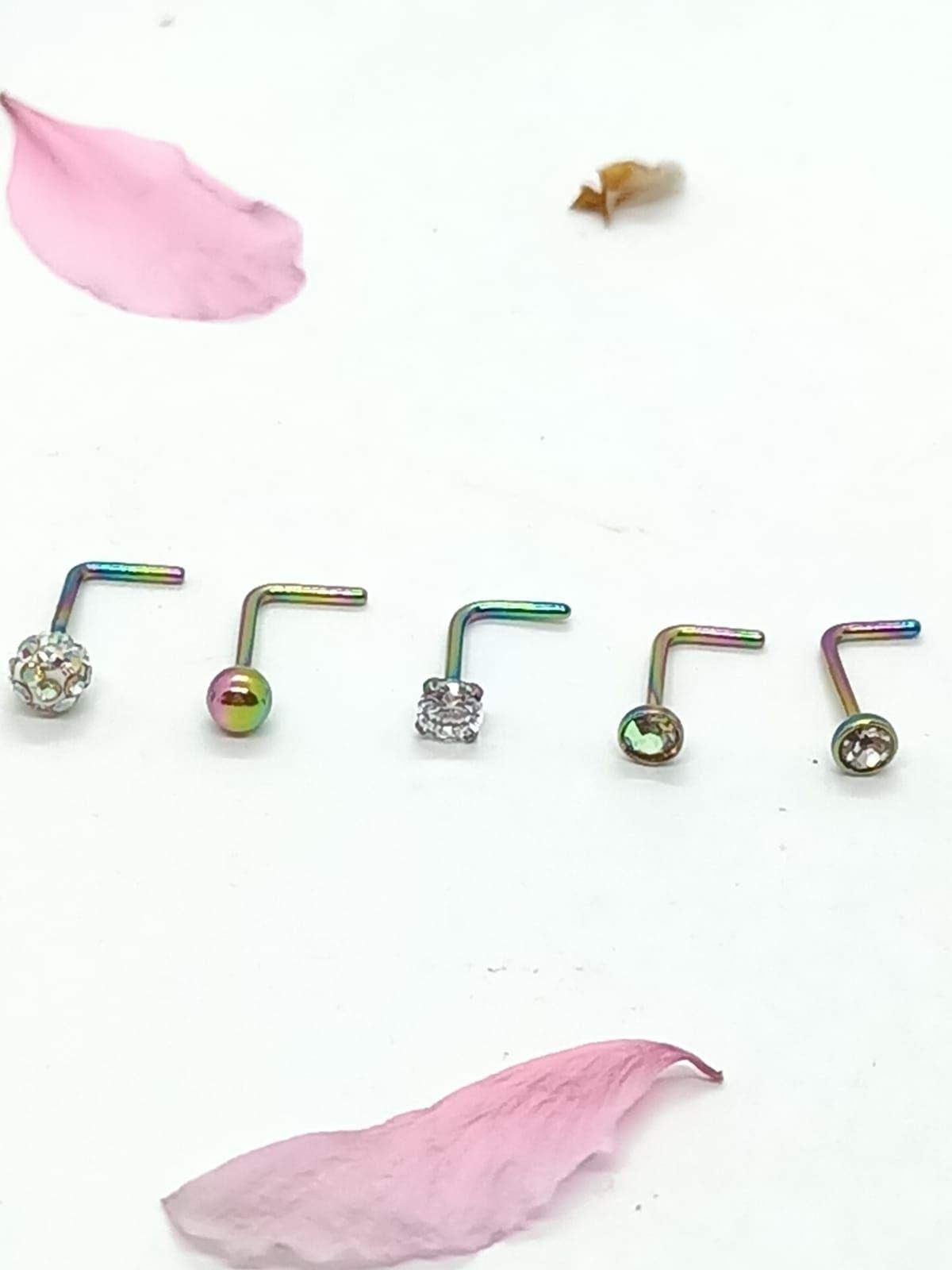 Set 5 Piercing multicolor Acero Quirúrgico Nariz Zirconia Nostril Tipo L-1