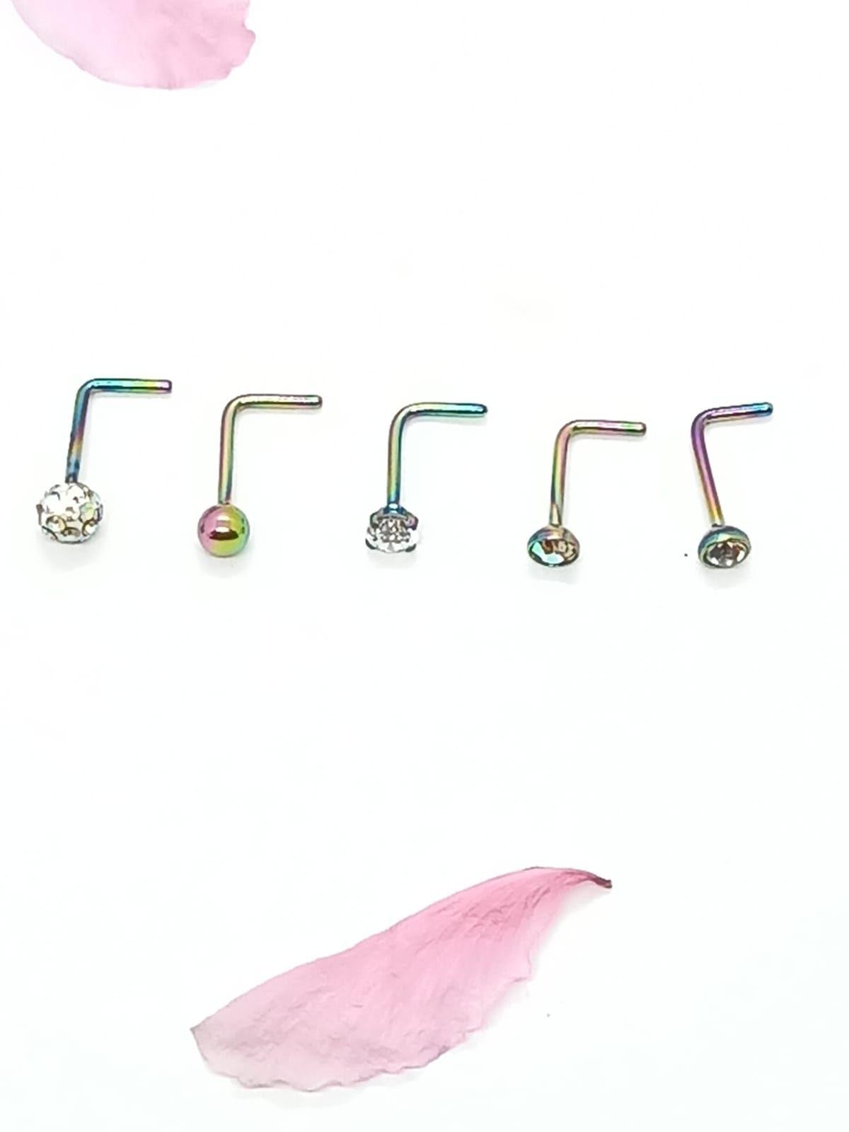 Set 5 Piercing multicolor Acero Quirúrgico Nariz Zirconia Nostril Tipo L-4