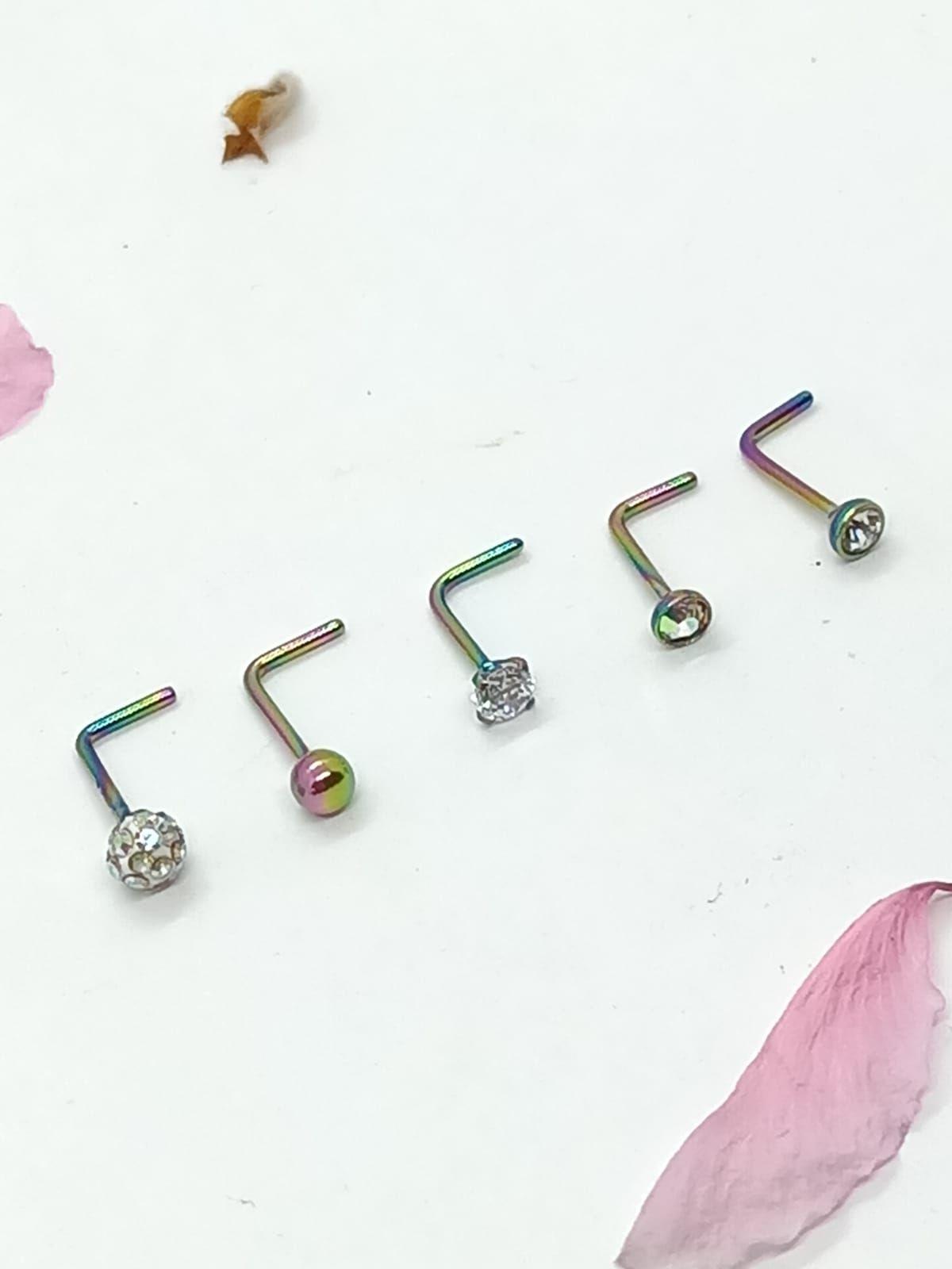 Set 5 Piercing multicolor Acero Quirúrgico Nariz Zirconia Nostril Tipo L-5