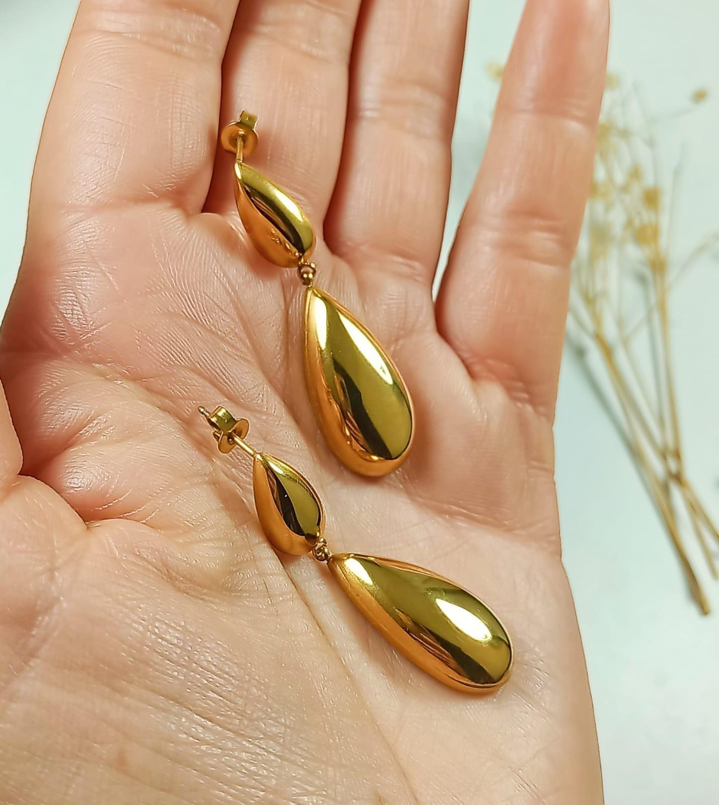Pendientes tipo Drop gota Largos Espejo Elegantes Chapado En Oro Lujo-5