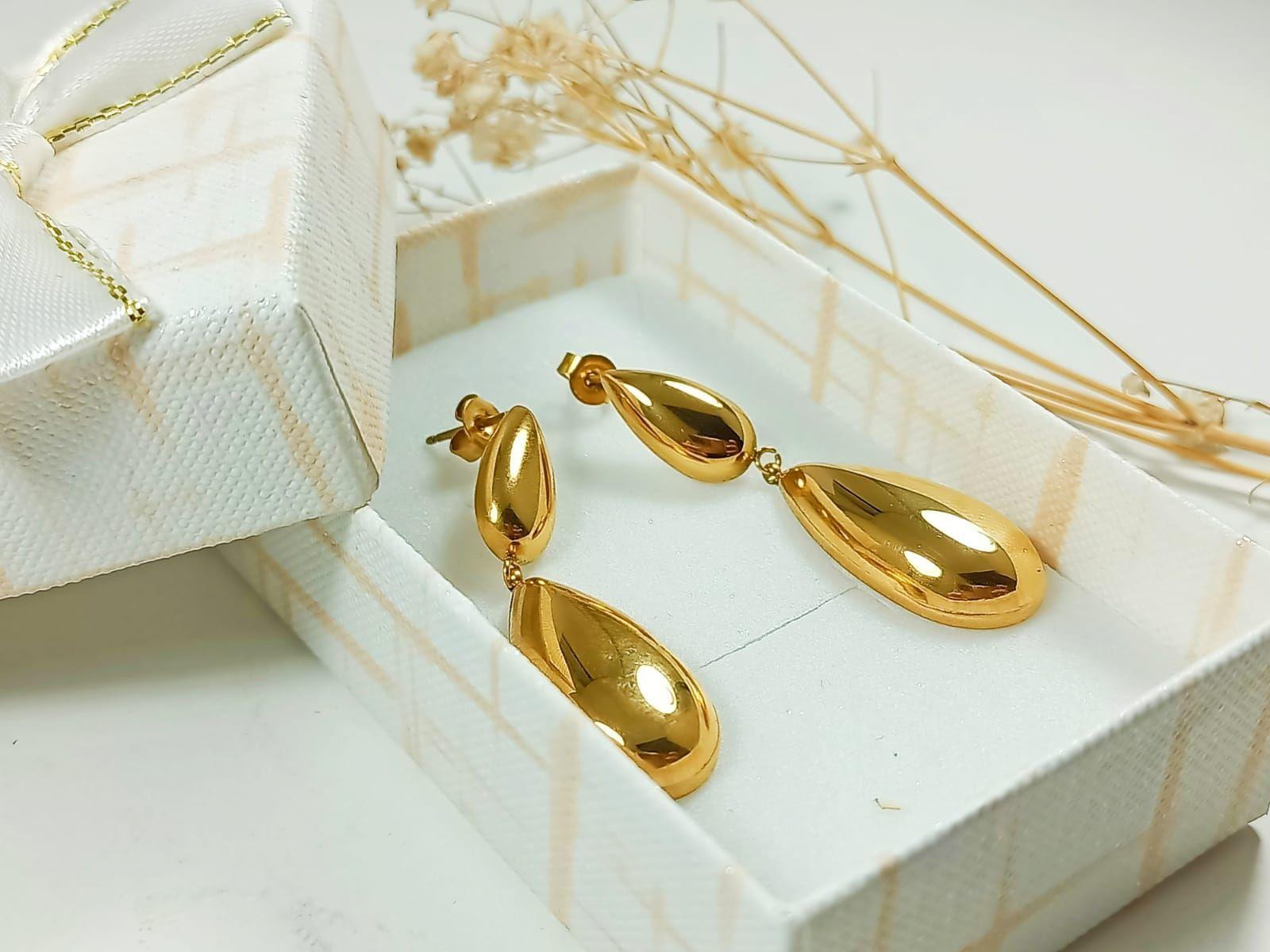 Pendientes tipo Drop gota Largos Espejo Elegantes Chapado En Oro Lujo-3