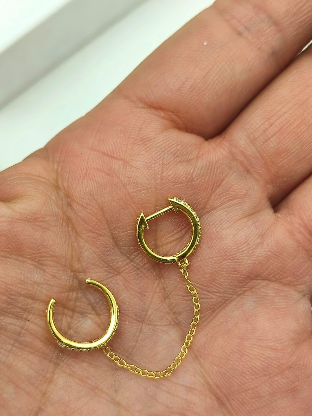 Aro Argolla Huggie con Cadena Earcuff Plata 925 Chapada En Oro-4