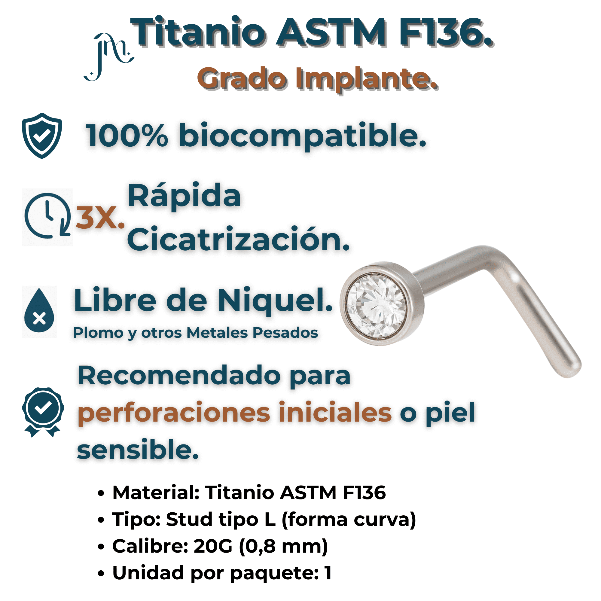 Piercing Nostril Tipo L Titanio Astm F136 20g 2mm Nariz-2