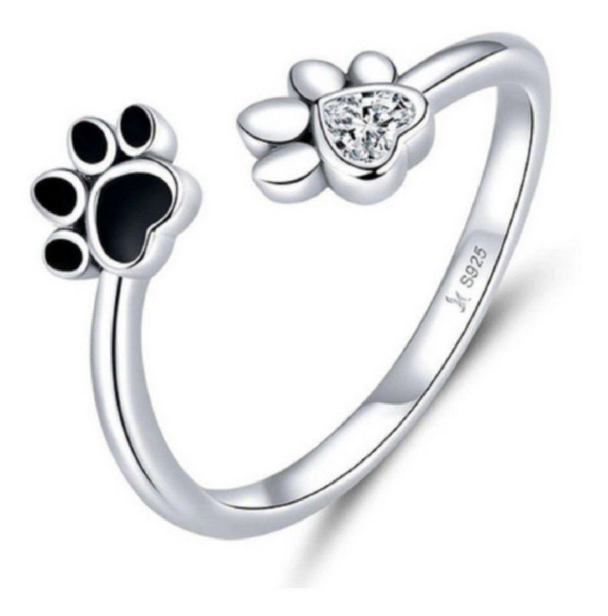 Anillo ajustables plata fina ley S925 huella perro gato zirconia cubica-0