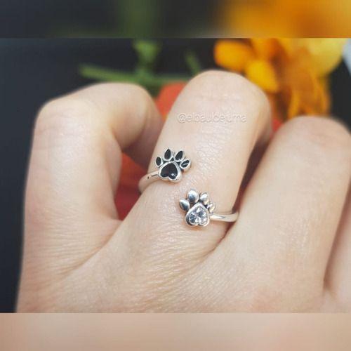 Anillo ajustables plata fina ley S925 huella perro gato zirconia cubica-2