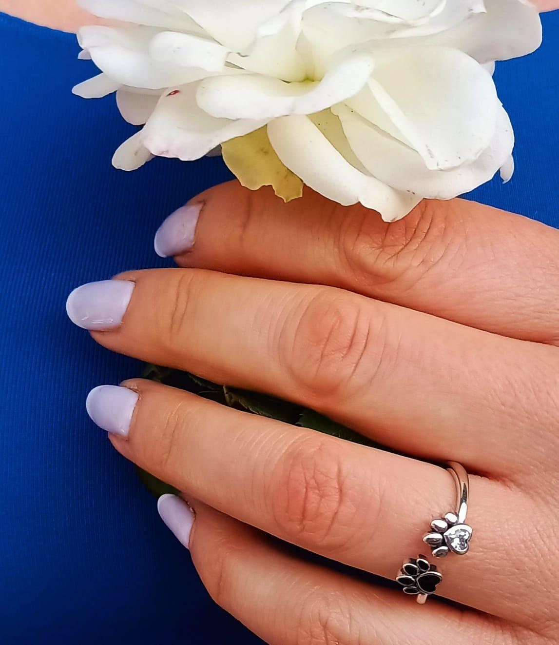 Anillo ajustables plata fina ley S925 huella perro gato zirconia cubica-3