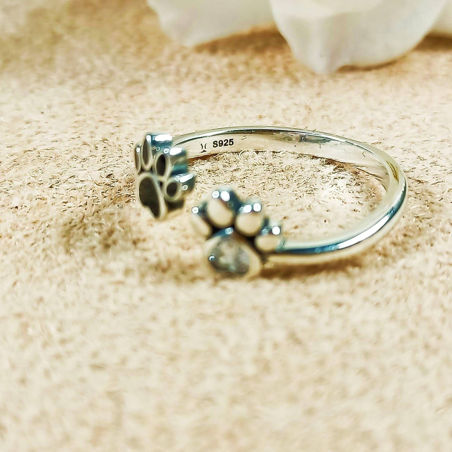 Anillo ajustables plata fina ley S925 huella perro gato zirconia cubica-4