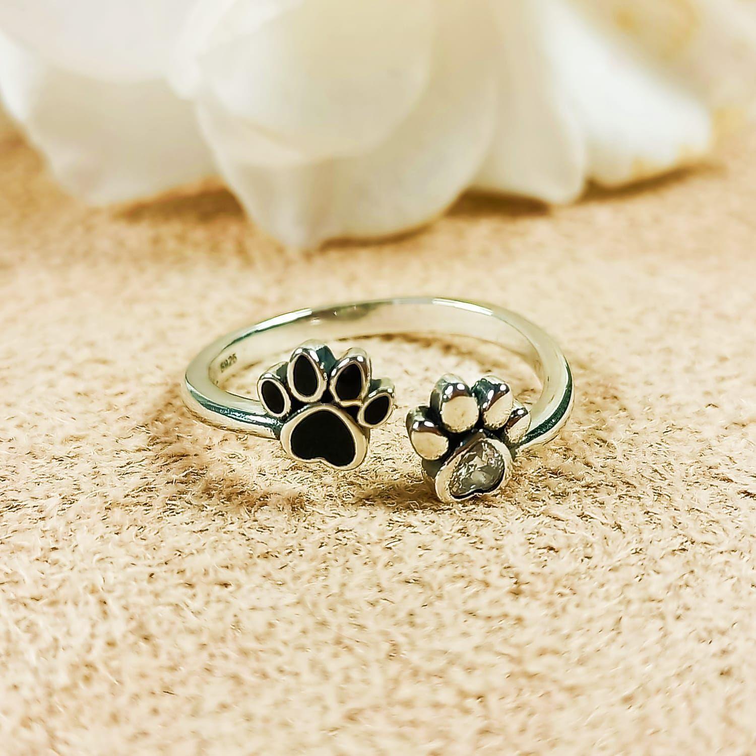 Anillo ajustables plata fina ley S925 huella perro gato zirconia cubica-5