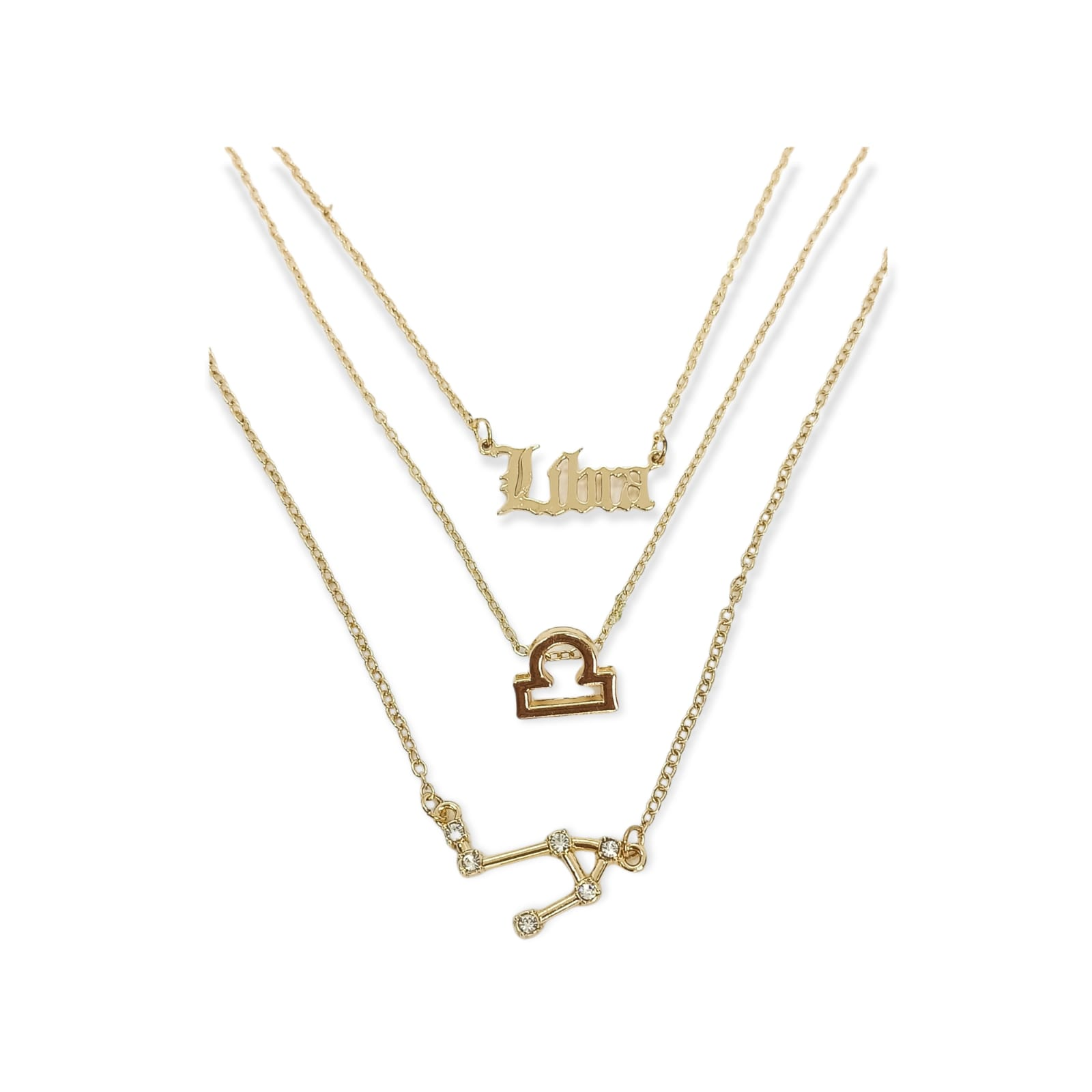 Collar Multicapa 3 En 1 Colgantes Zodiaco Libra Constelaciones baño de oro-0
