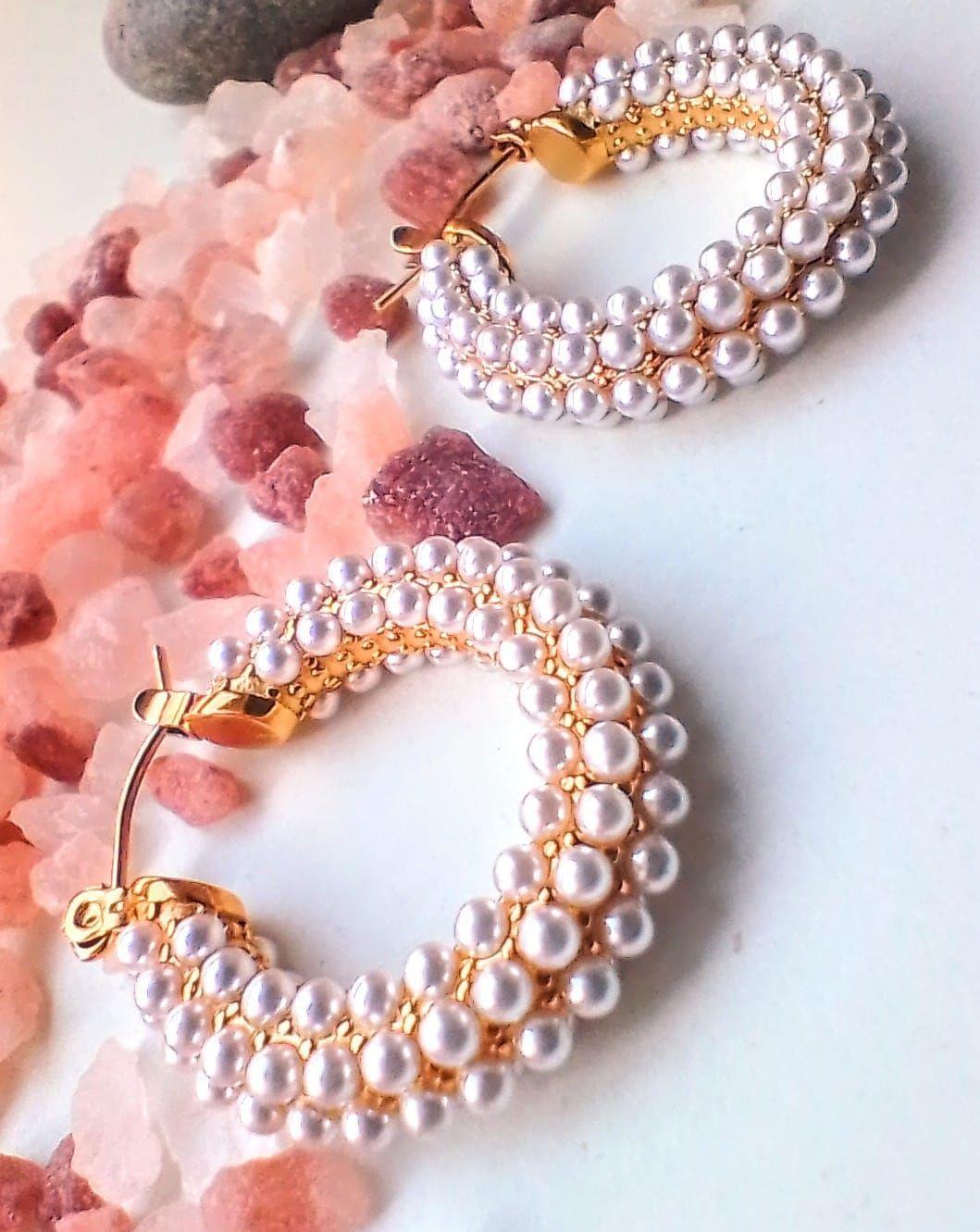 Aretes argollas bote largas con perlas chapadas en oro 18k joyeria fina-5