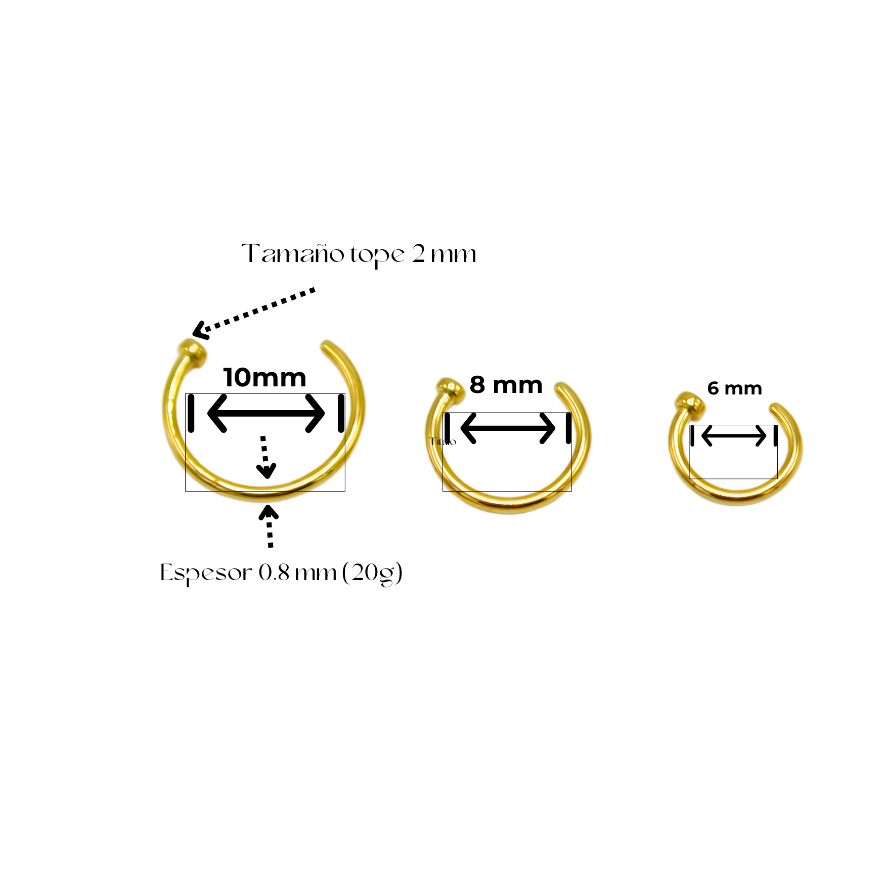 Pack de tres aros piercing abierto nostril titanio ASTM F136 dorados-4
