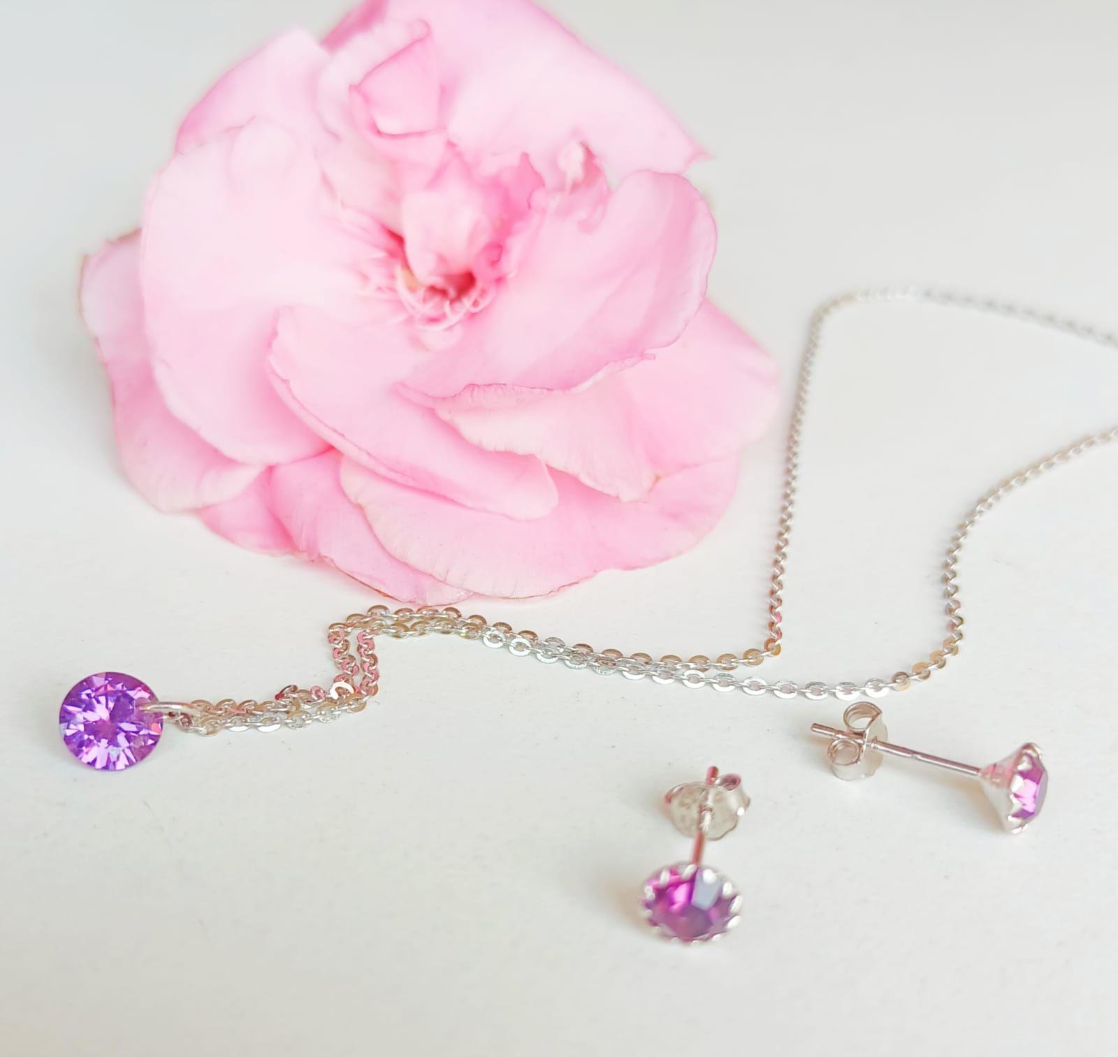 Set Cadena Aros Plata Punto Luz Zirconia Lila-5