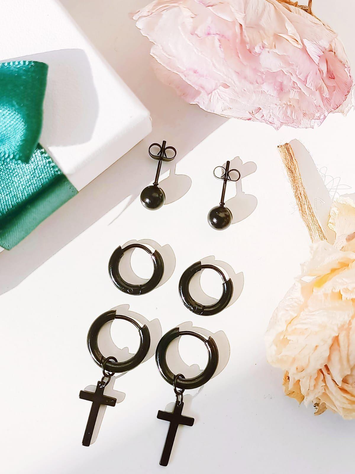 Pack De 3 Pares Aros Argollas Esfera Negras Piercing Oreja-3