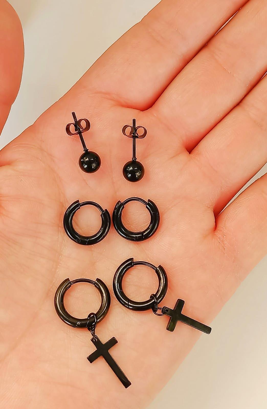 Pack De 3 Pares Aros Argollas Esfera Negras Piercing Oreja-4