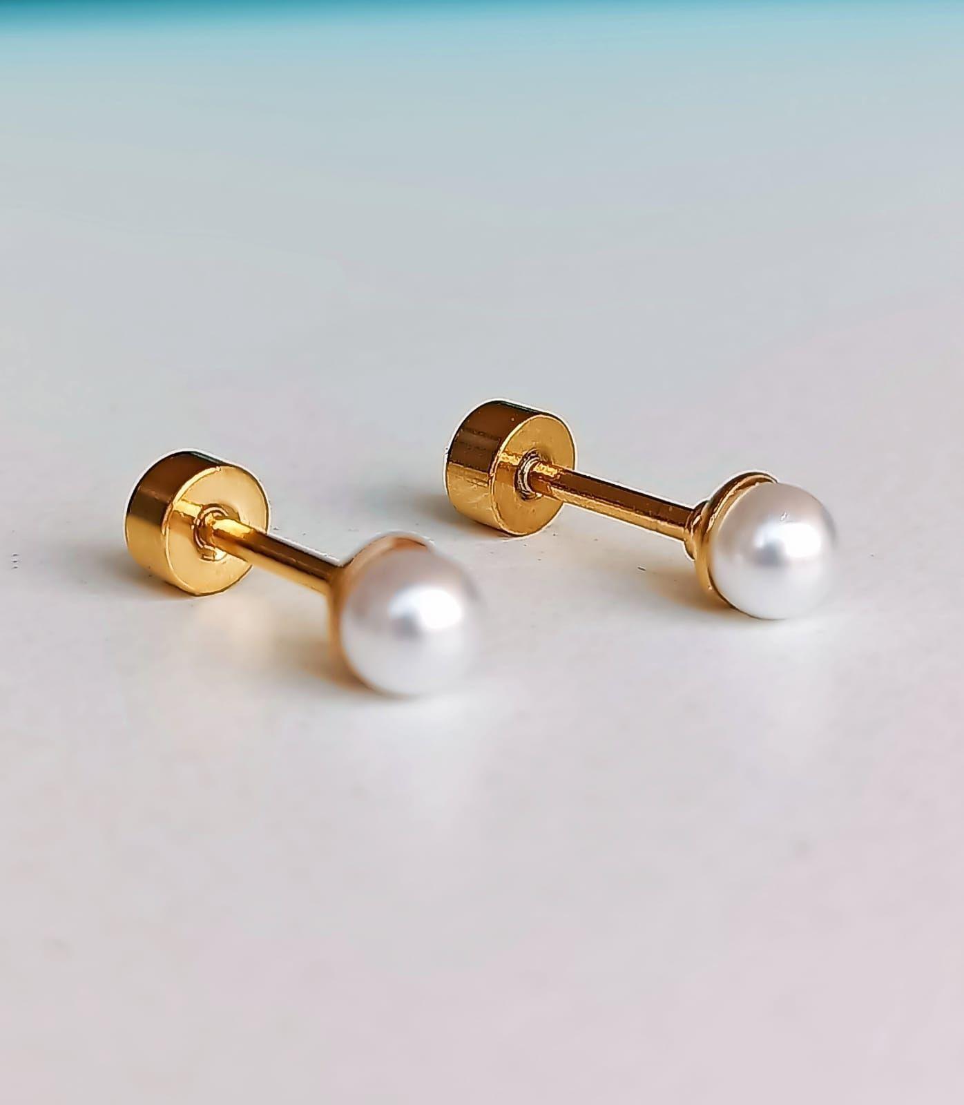 Aros Perlas 4mm tuerca tapa de seguridad chapados en oro 18kl-7