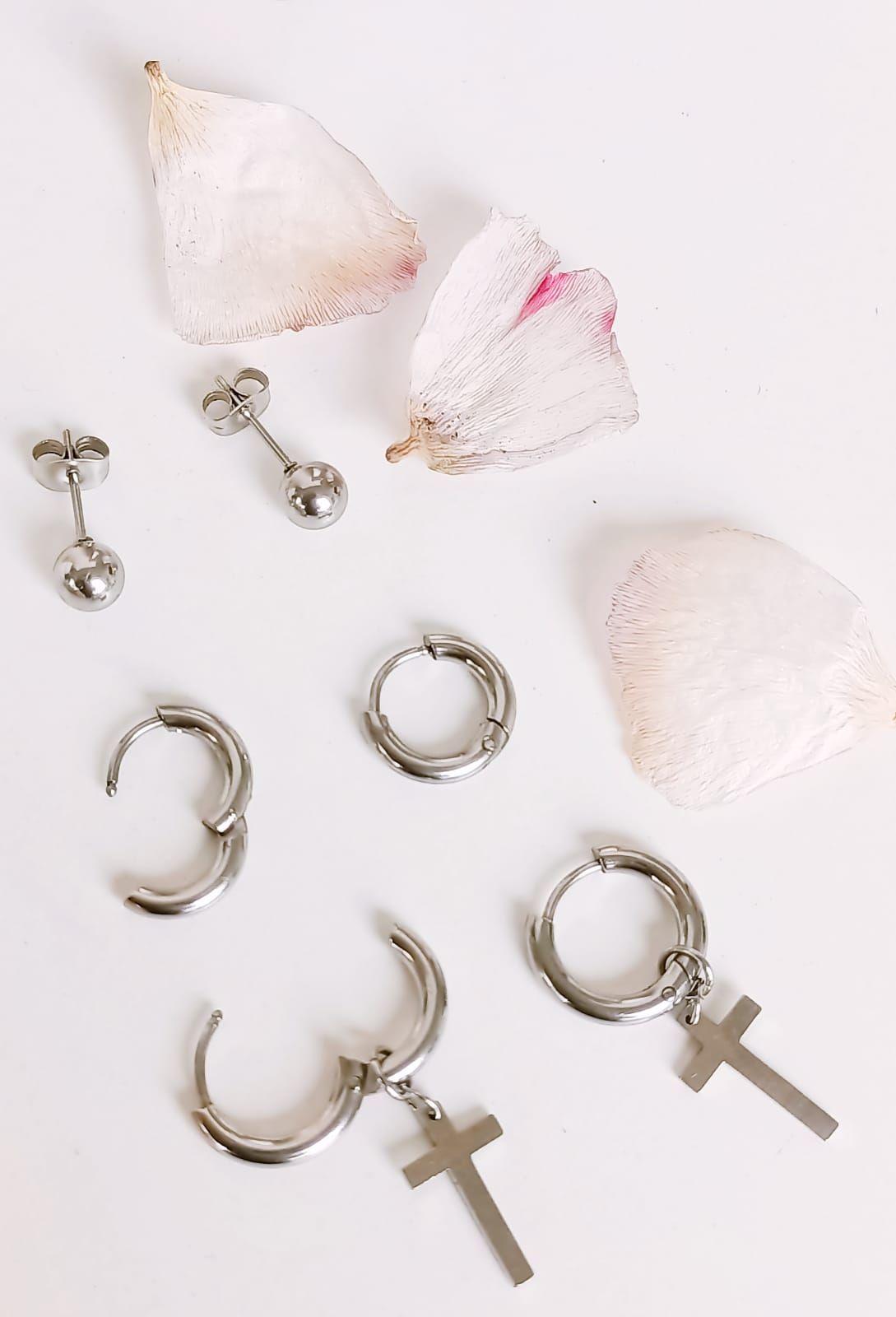 Pack De Aros Argollas Huggies Cruz Esfera Plateada Piercing-4