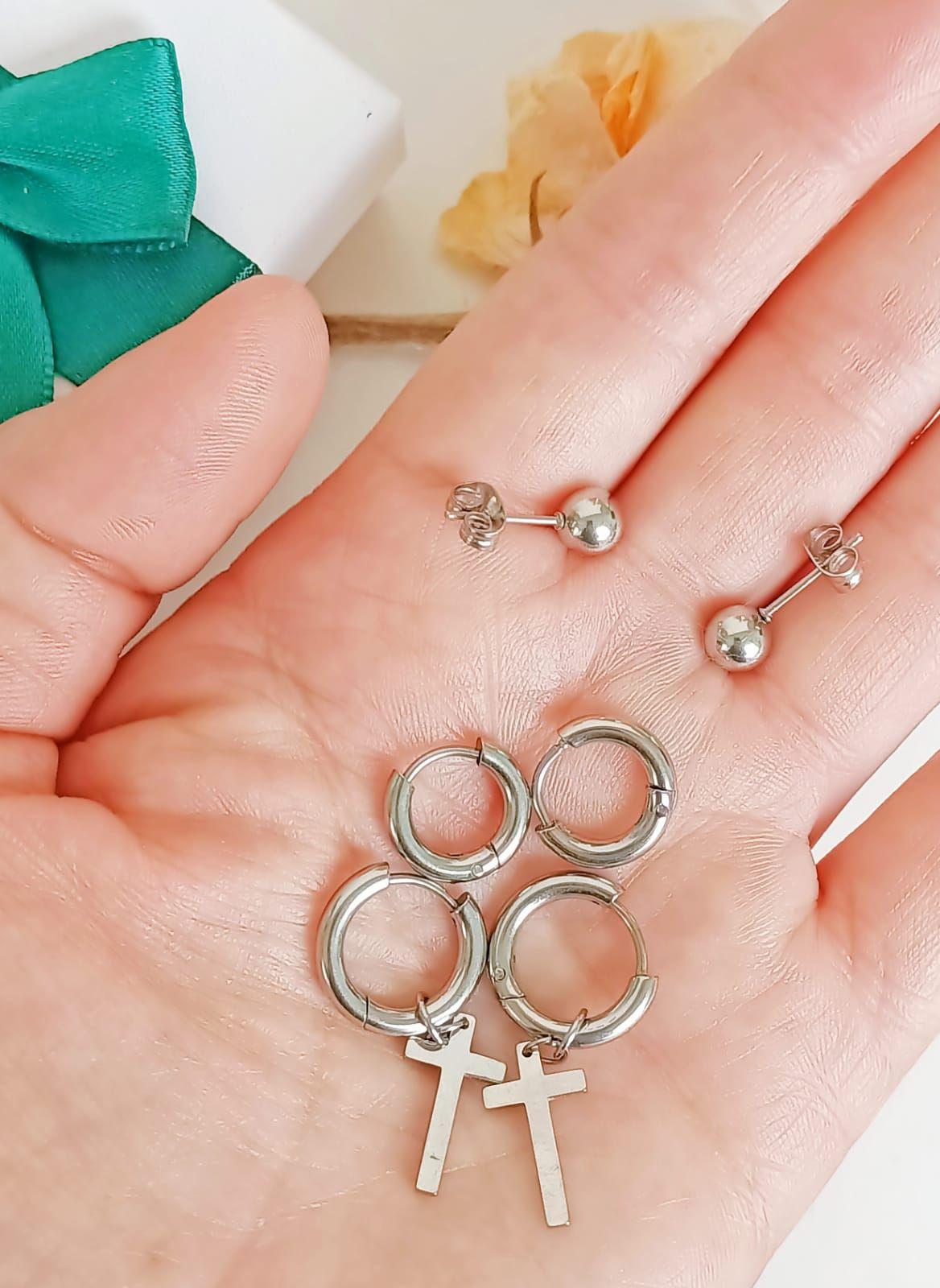 Pack De Aros Argollas Huggies Cruz Esfera Plateada Piercing-5
