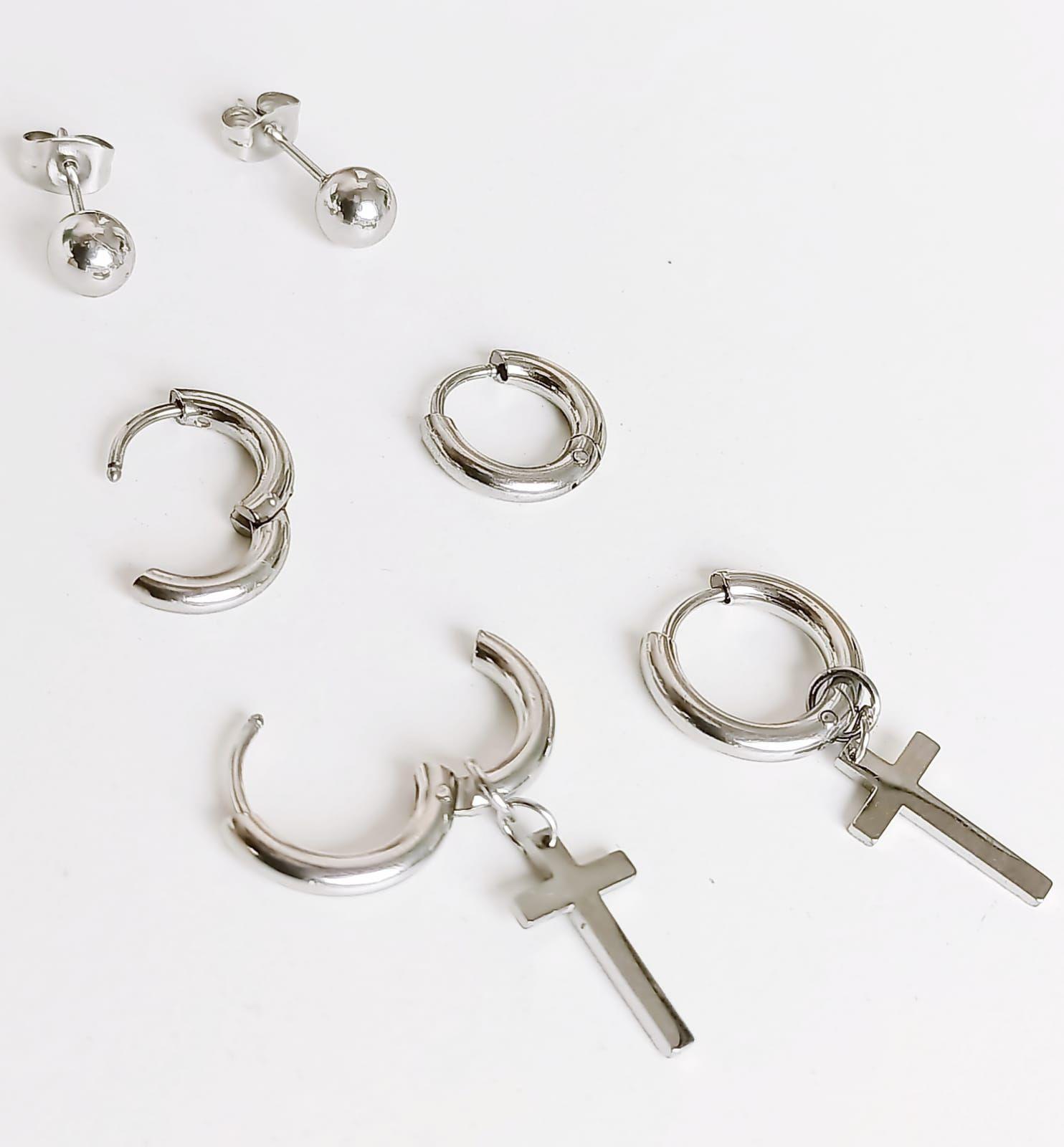Pack De Aros Argollas Huggies Cruz Esfera Plateada Piercing-8