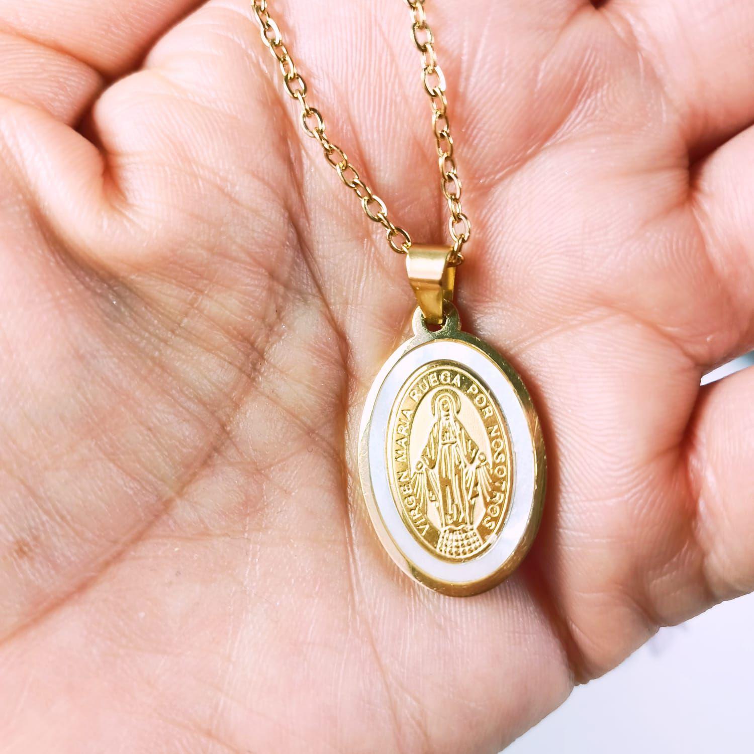 Colgante Medalla Virgen María Nácar Chapada En Oro 18k Amor-9