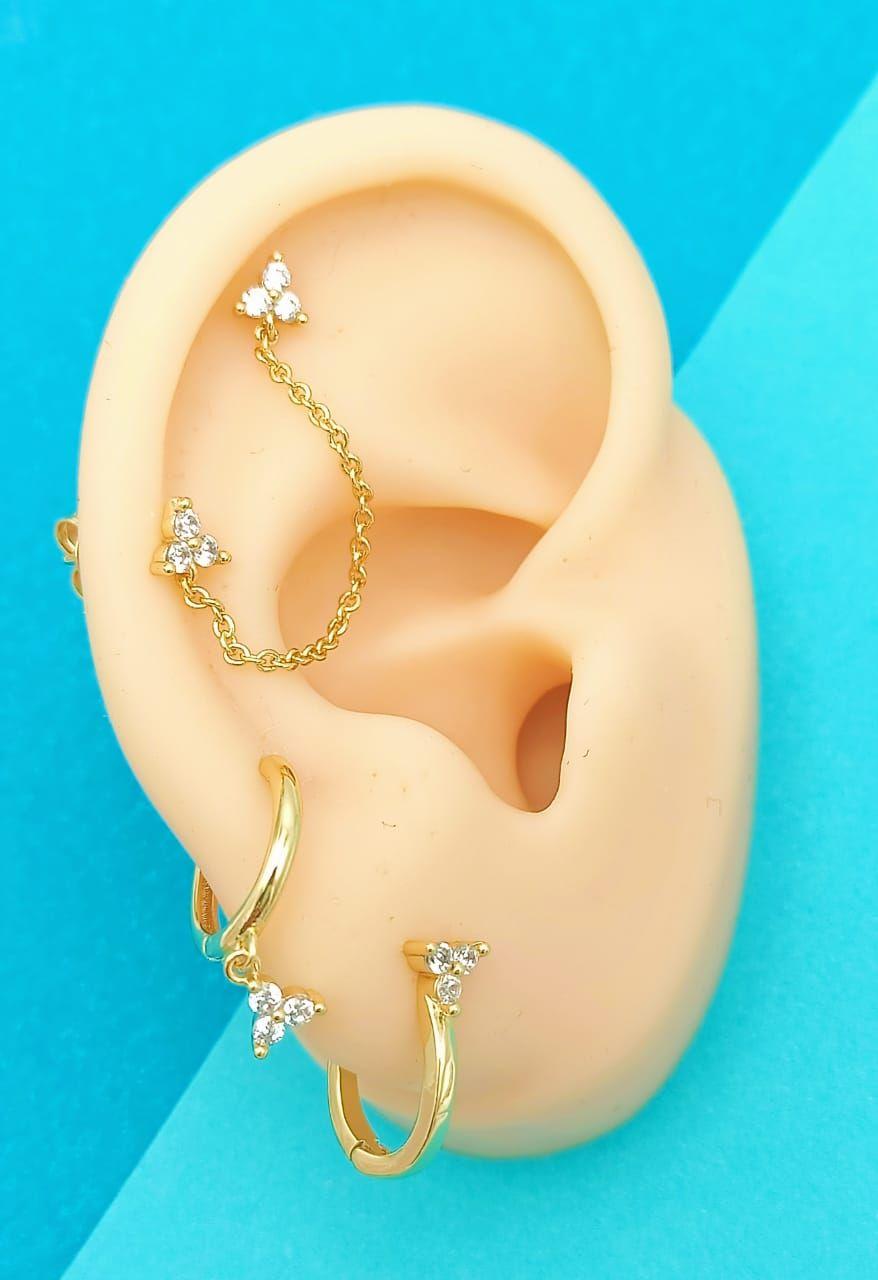 Set Conjunto Huggies pendientes Flor trímera chapados En Oro 18k-2
