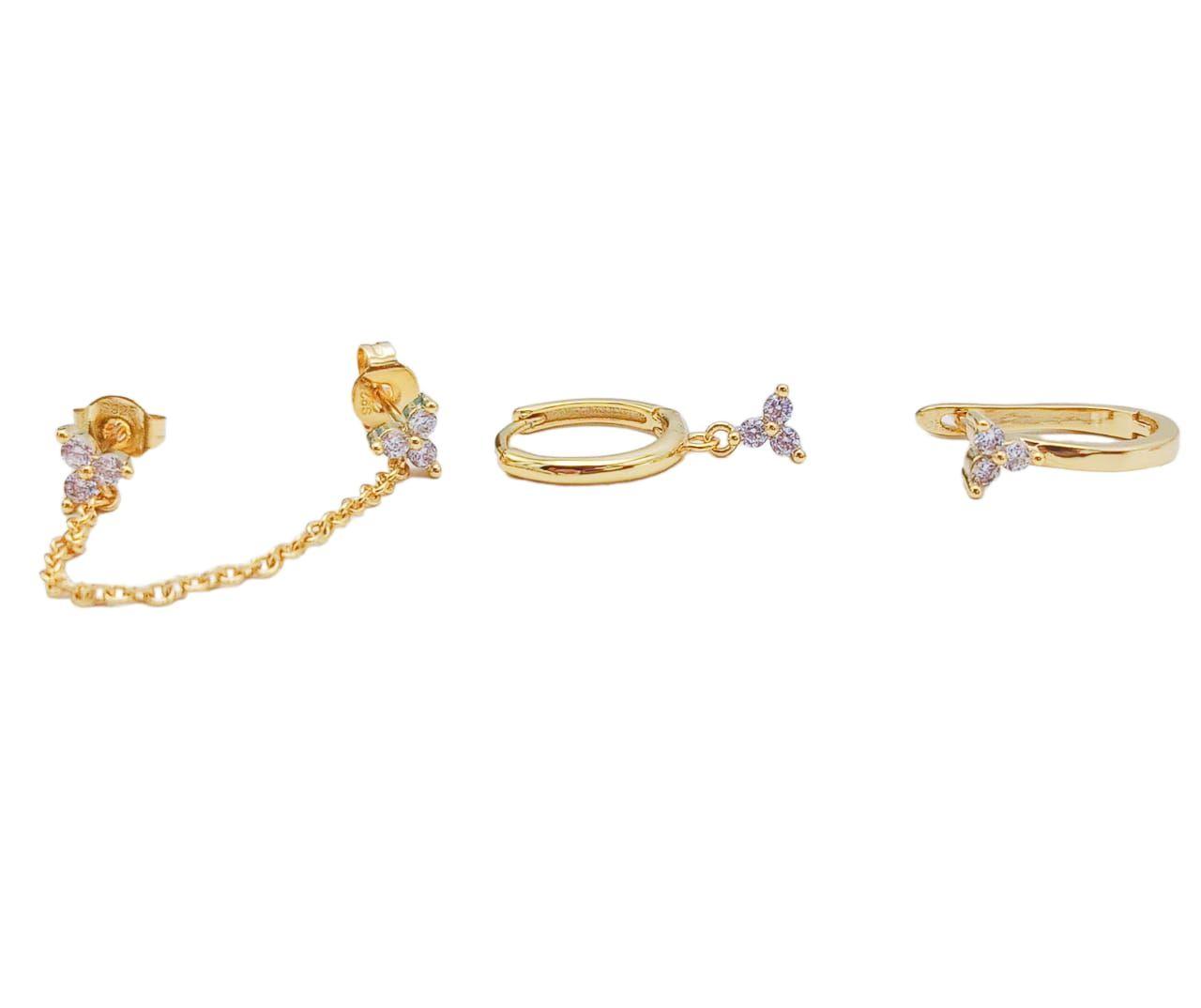 Set Conjunto Huggies pendientes Flor trímera chapados En Oro 18k-3