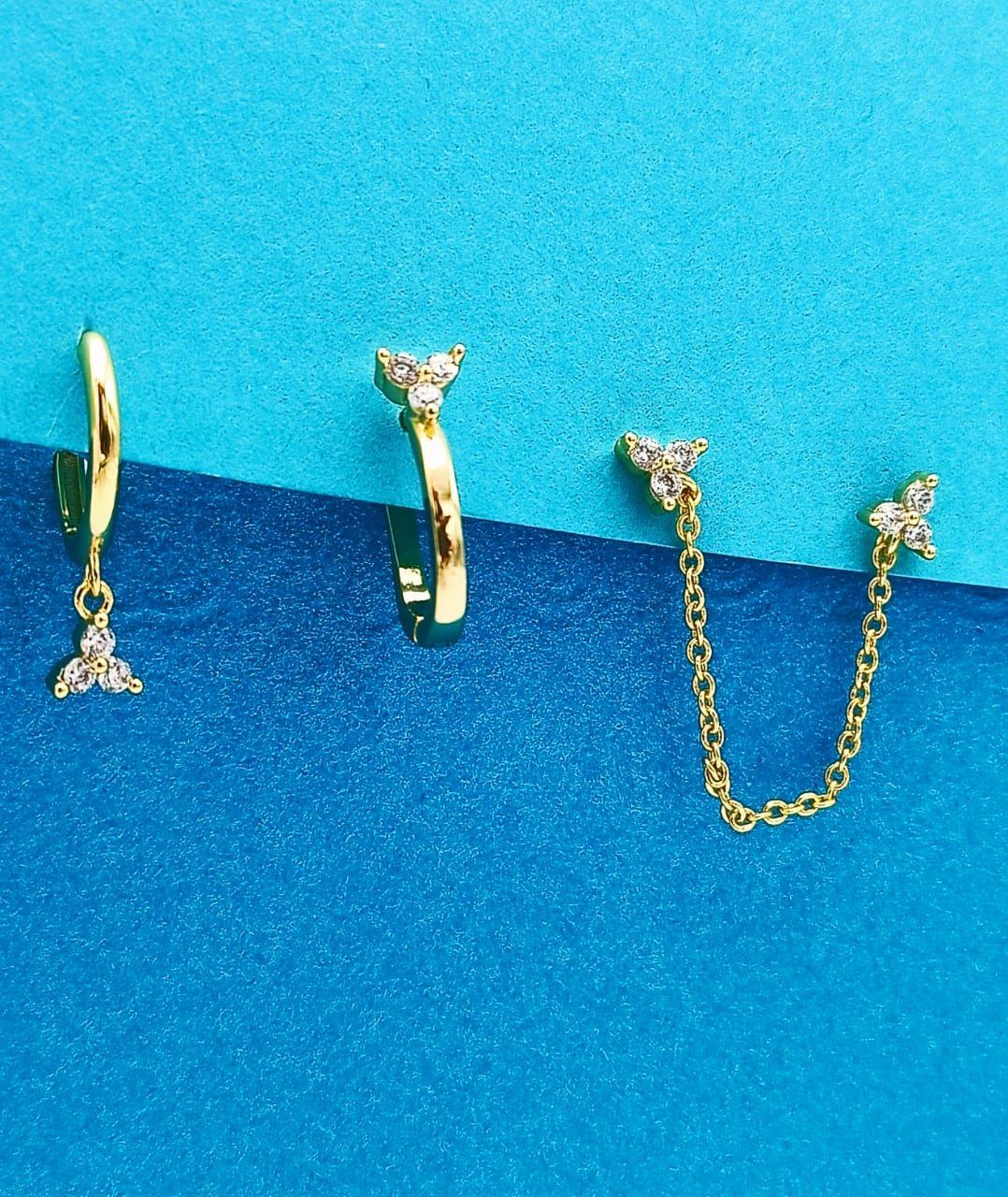 Set Conjunto Huggies pendientes Flor trímera chapados En Oro 18k-4
