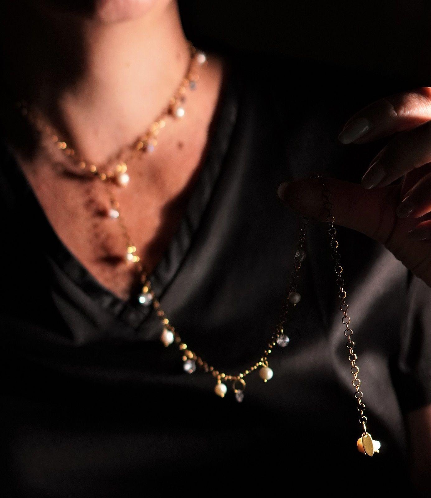 Collar largo 80cm ajustable Talasa zirconias y perlas chapado en oro Riviere-2