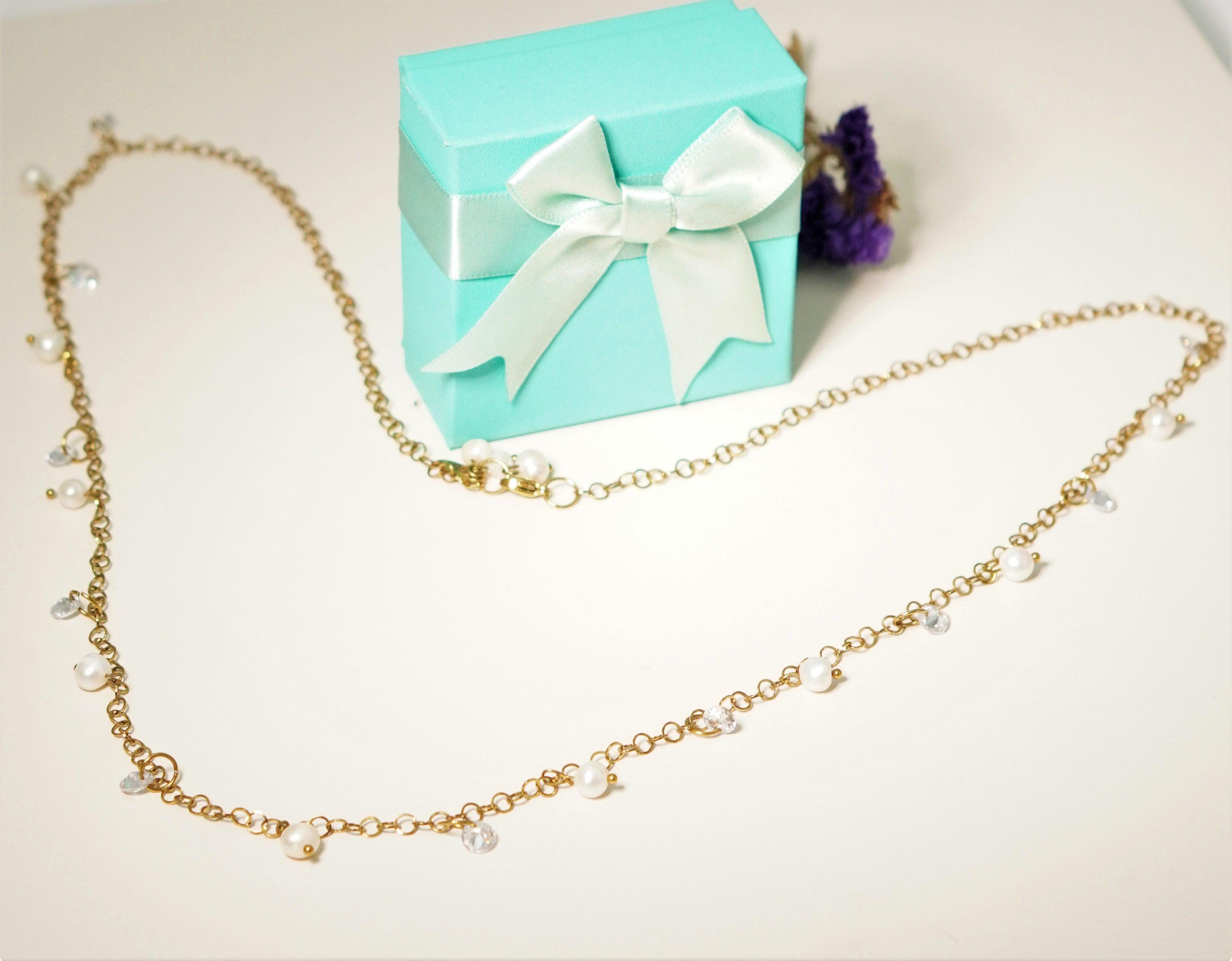 Collar largo 80cm ajustable Talasa zirconias y perlas chapado en oro Riviere-3