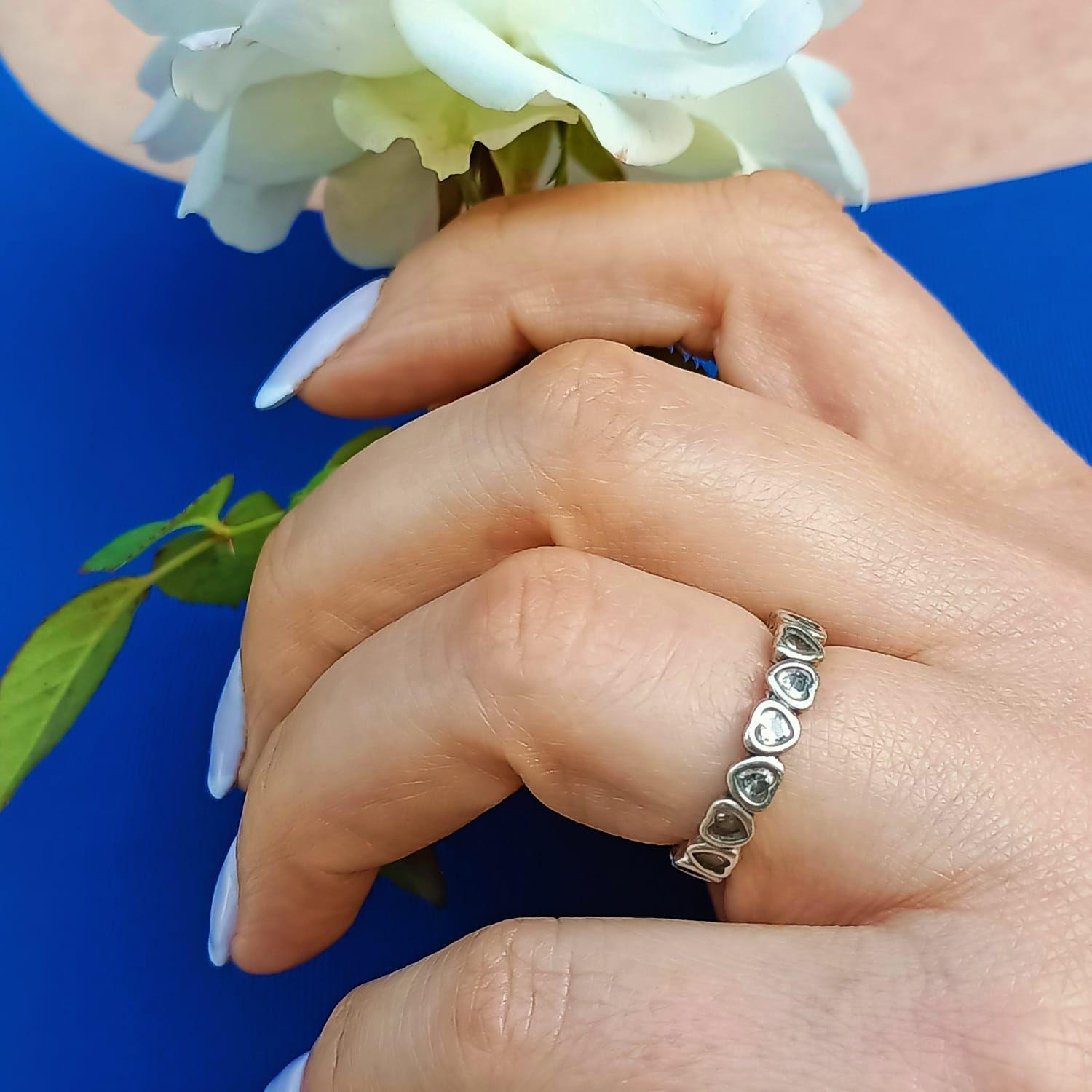 Anillo Pila Plata fina ley S925 talla 9 Corazones Zirconia Compromiso Apilable-5