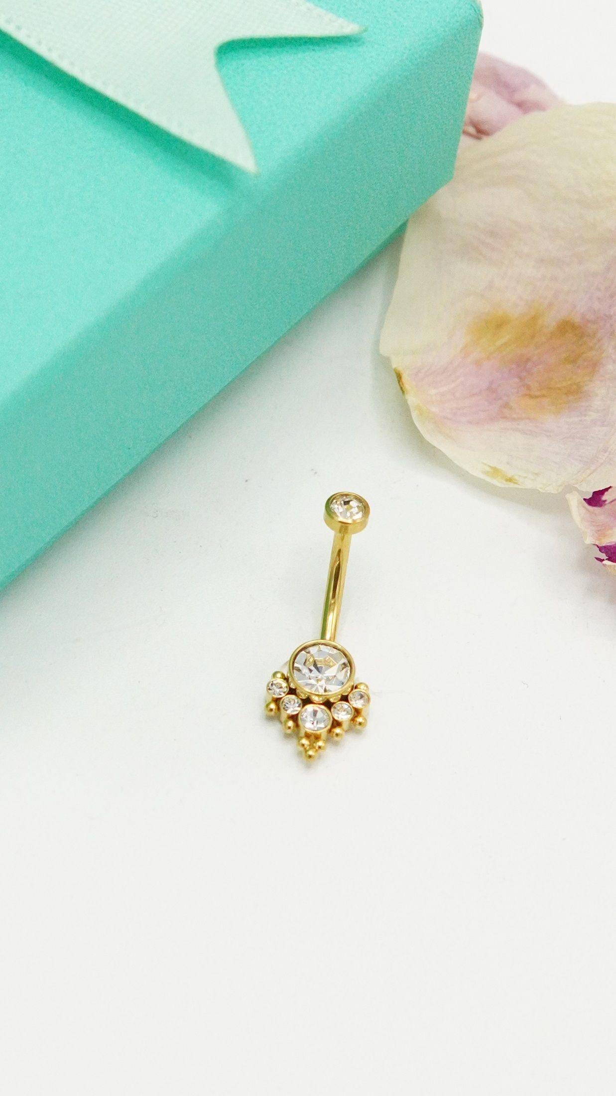 Piercing ombligo navel 10 mm titanio ASTM F136 G23 Zirconia dorado 14G-8