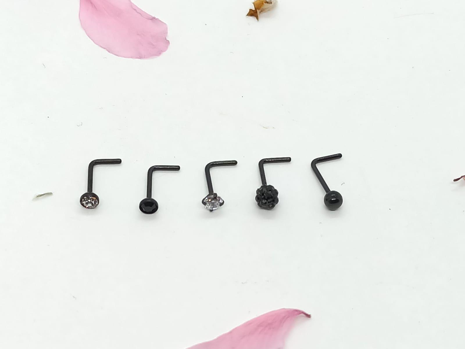 Set 5 Piercing negro Acero Quirúrgico Nariz Zirconia Nostril Tipo L-3