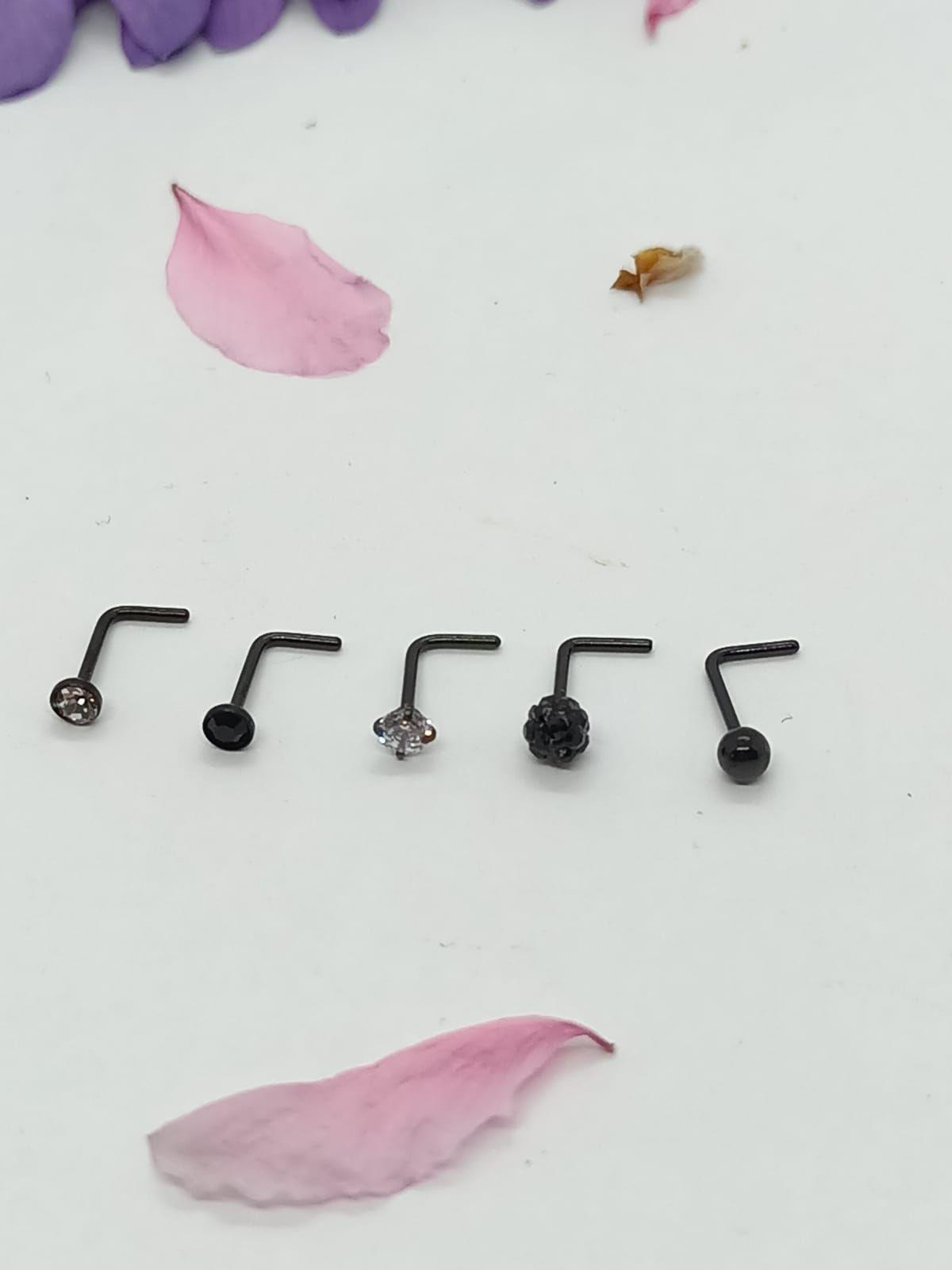Set 5 Piercing negro Acero Quirúrgico Nariz Zirconia Nostril Tipo L-4