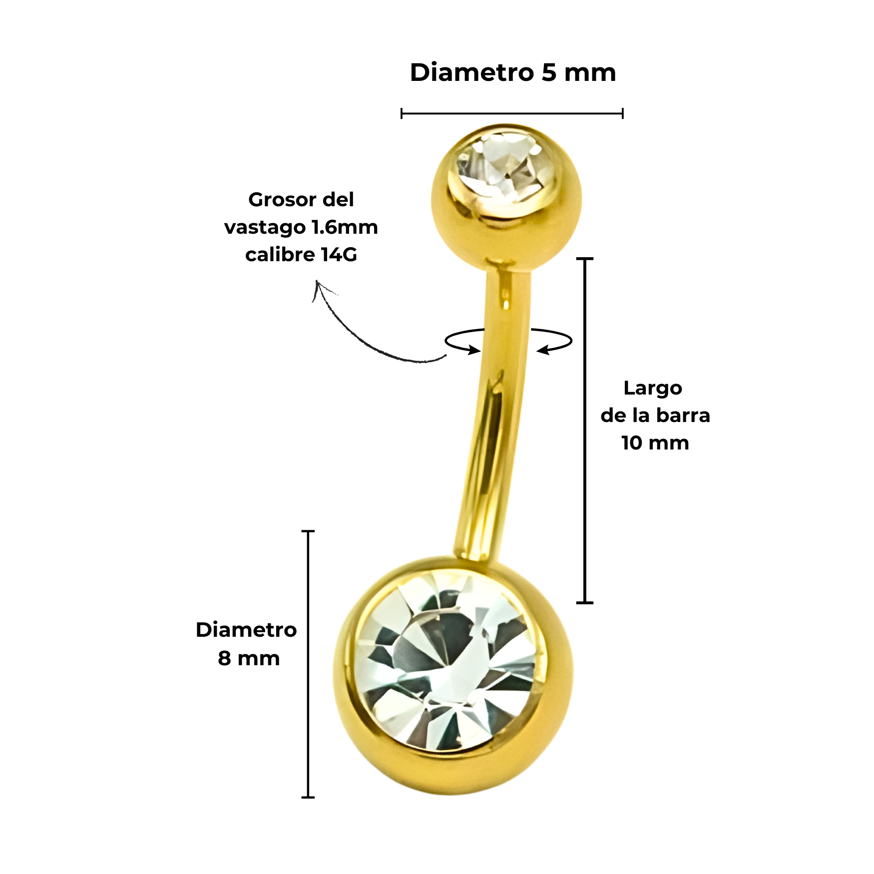 Piercing ombligo navel 14G 10mm Titanio ASTM 136 chapado en oro 18k-4