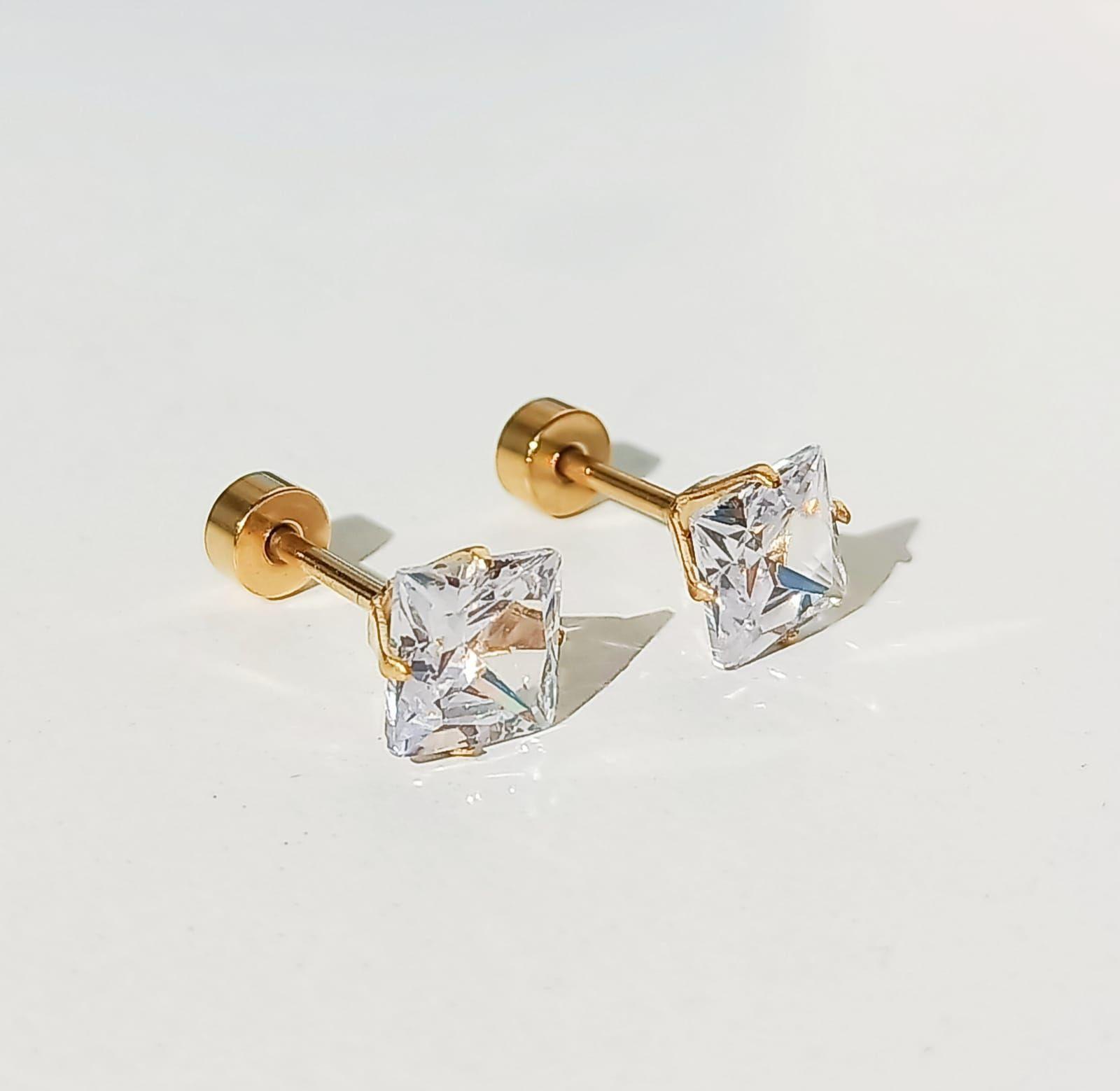 Aros Puntos De Luz Zirconio 6mm Cuadrado Chapados en oro 18kl-3