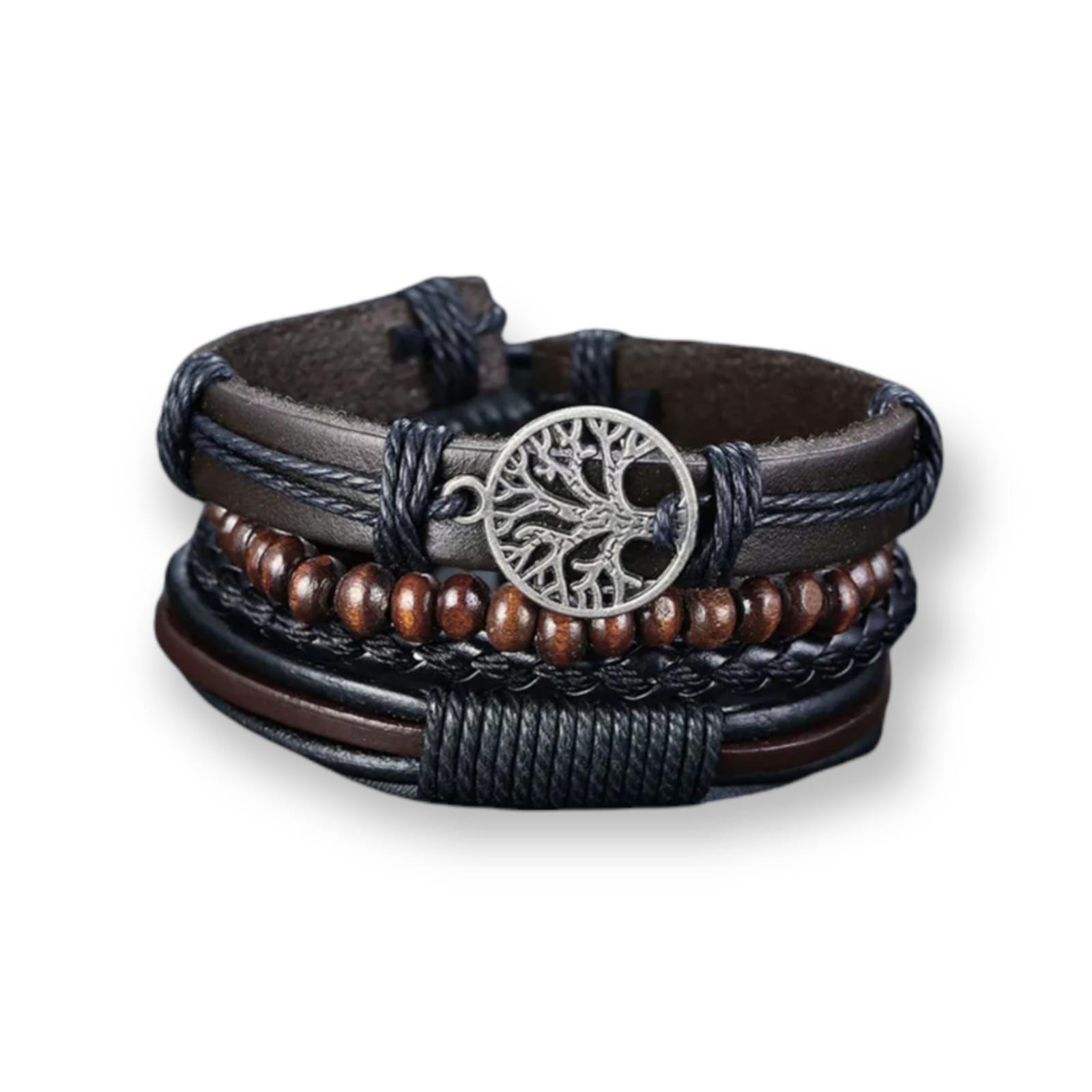 Set Pulseras Cuero Cuentas Madera Brazalete 4 En 1 Árbol Vida-0