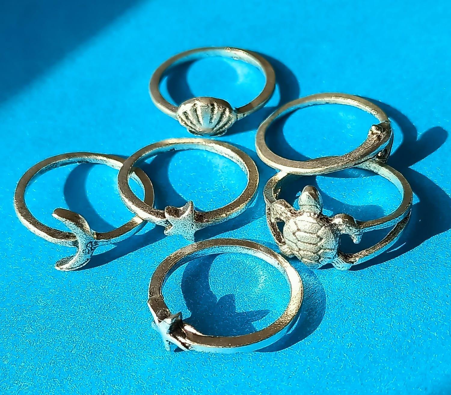 Set 6 Anillos Midi Nudillo Especies Mar Estrella Mar Tortuga-3