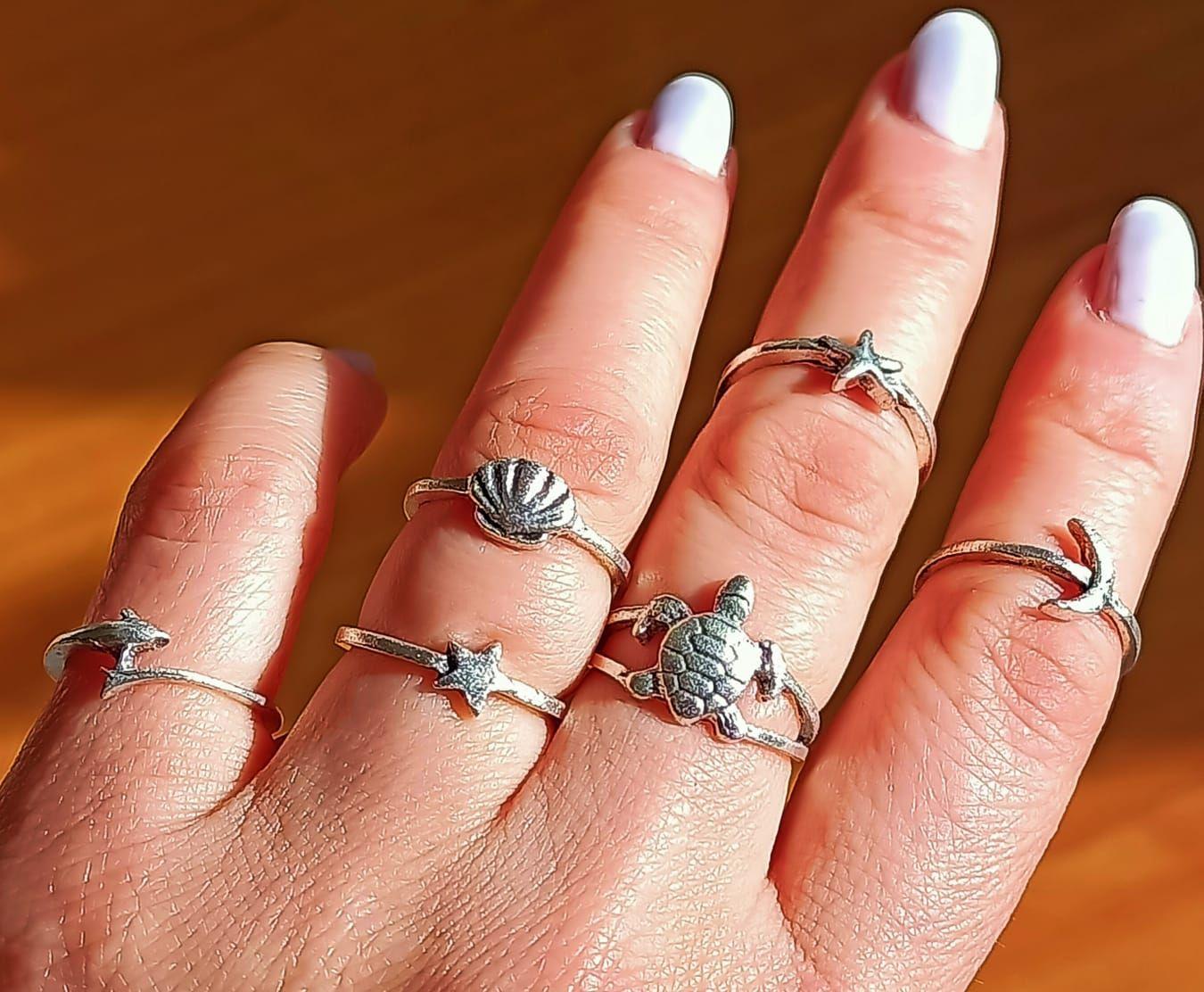 Set 6 Anillos Midi Nudillo Especies Mar Estrella Mar Tortuga-4