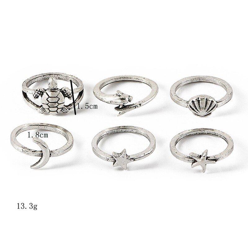 Set 6 Anillos Midi Nudillo Especies Mar Estrella Mar Tortuga-5