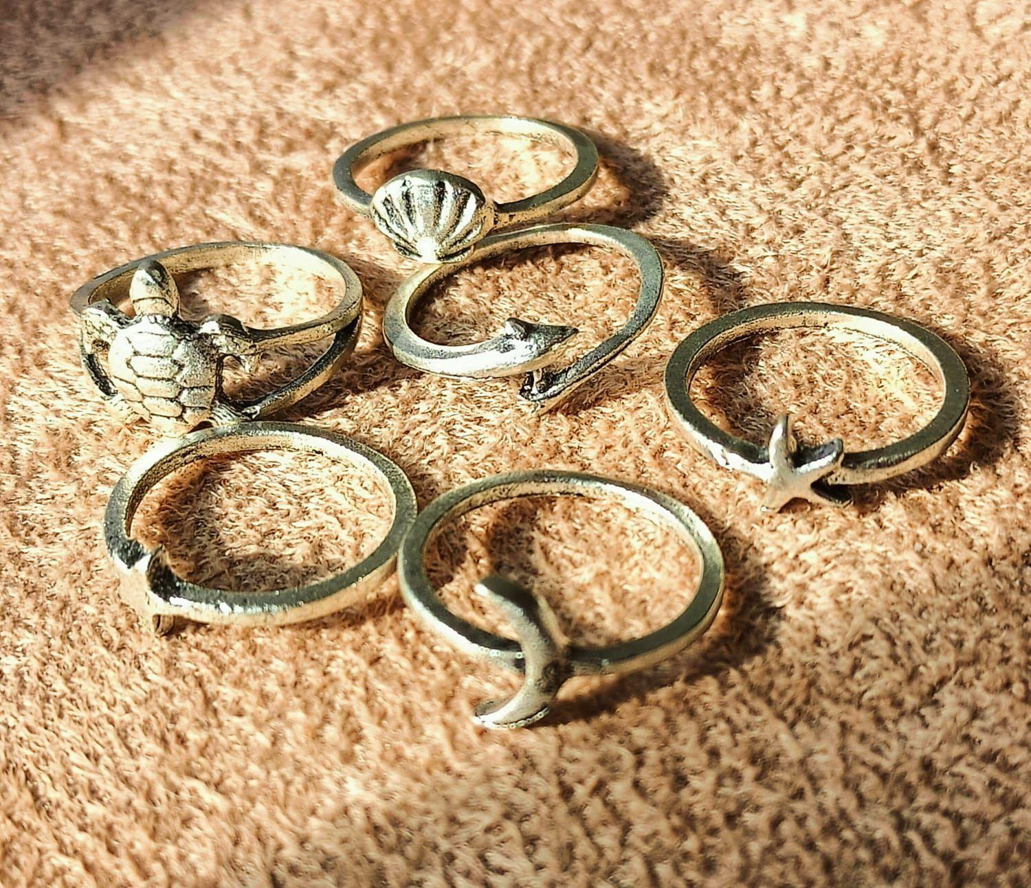 Set 6 Anillos Midi Nudillo Especies Mar Estrella Mar Tortuga-6