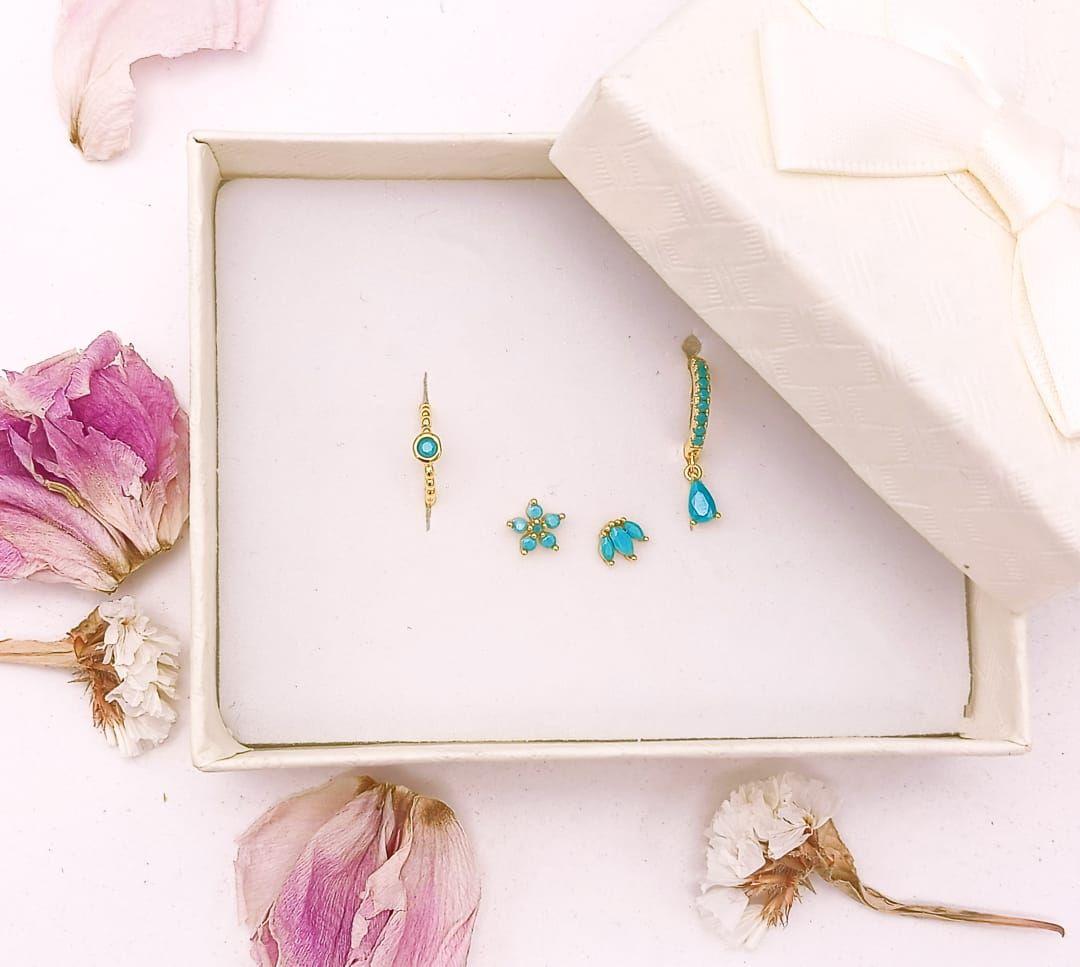Set Conjunto huggies pendientes Turquesa chapados En Oro 18k-4