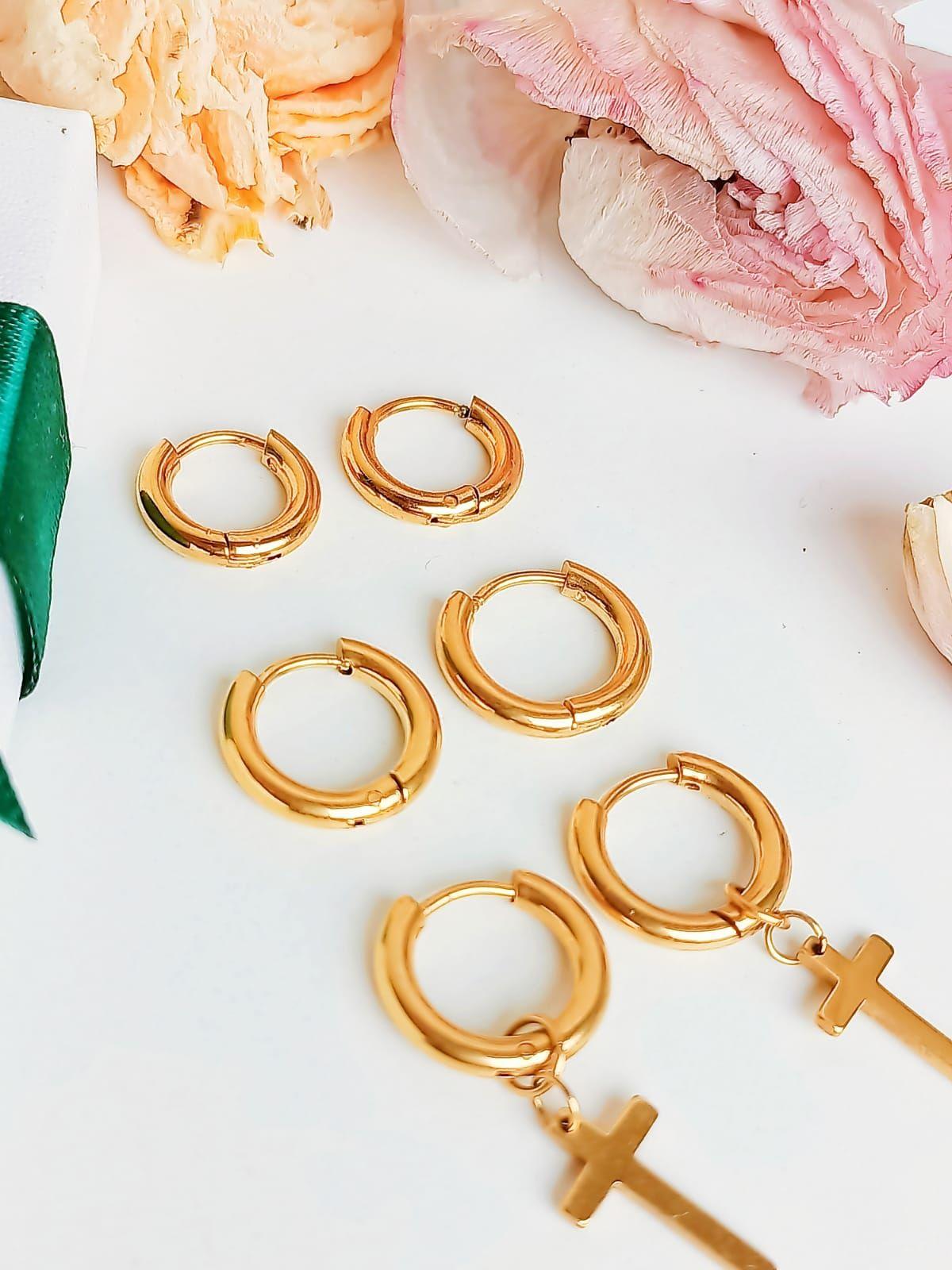 Pack 3 Pares Argollas Lisas Chapadas En Oro 18k Piercing -2