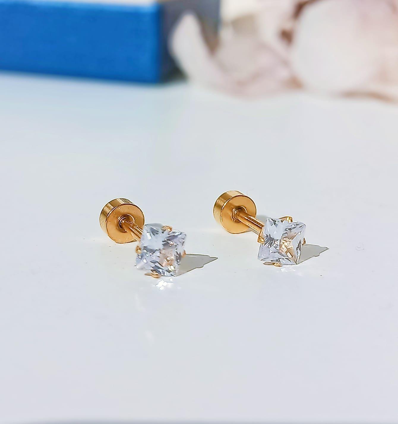Aros Puntos De Luz Zirconio 4mm Cuadrado Chapados en oro 18kl-3