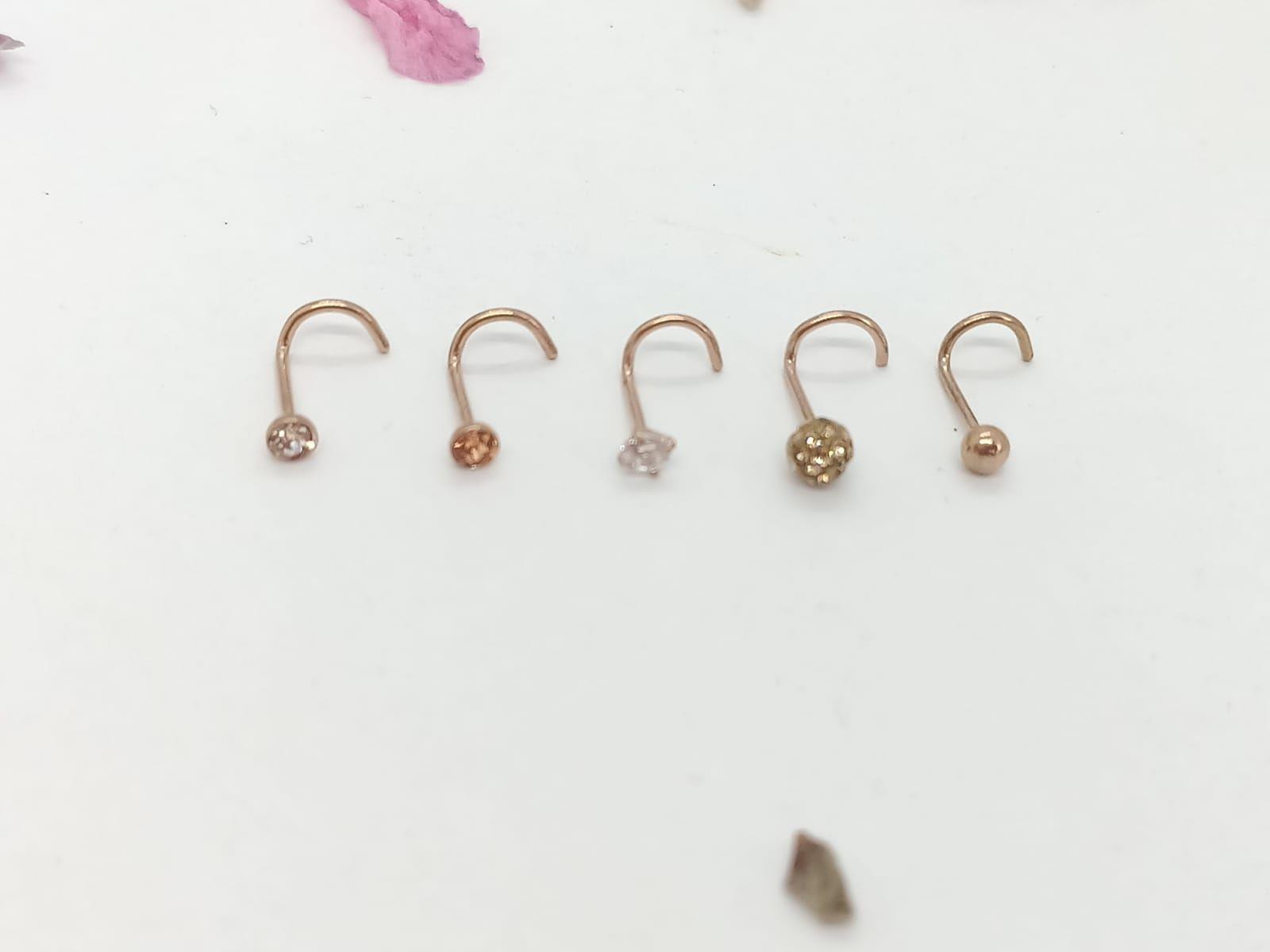 Set 5 Piercing Acero Quirúrgic Tipo S Nariz chapado oro rosa 14kl Nostril-3
